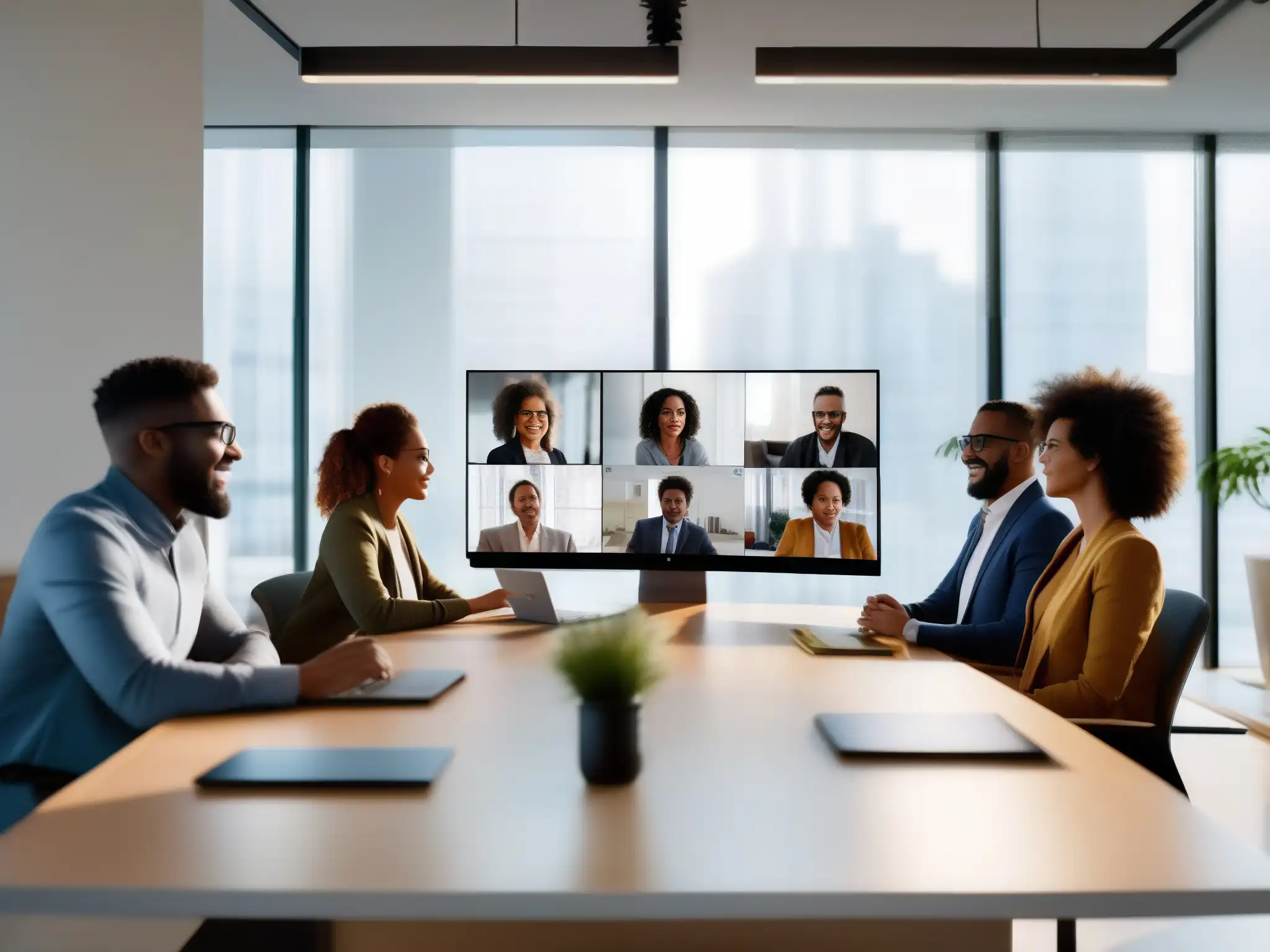 Videoconferencia eficiente de profesionales en oficina moderna Profesionales colaboran en videoconferencia de Google Meet con alta calidad de imagen y comunicación fluida, en un moderno espacio de oficina