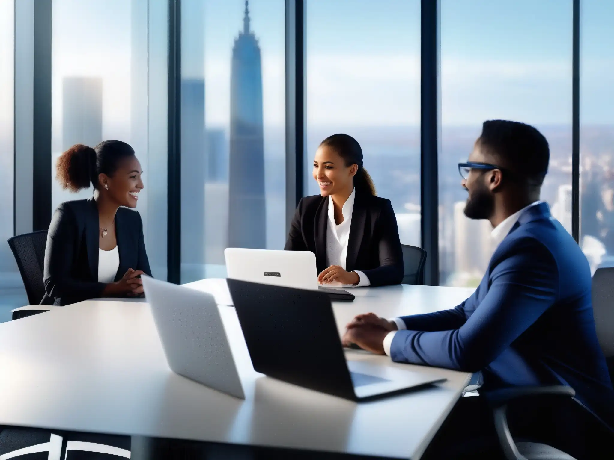 Profesionales colaborando en videoconferencia de alta definición Profesionales colaboran en una videoconferencia de alta definición, integrando GoToMeeting en un entorno de trabajo contemporáneo