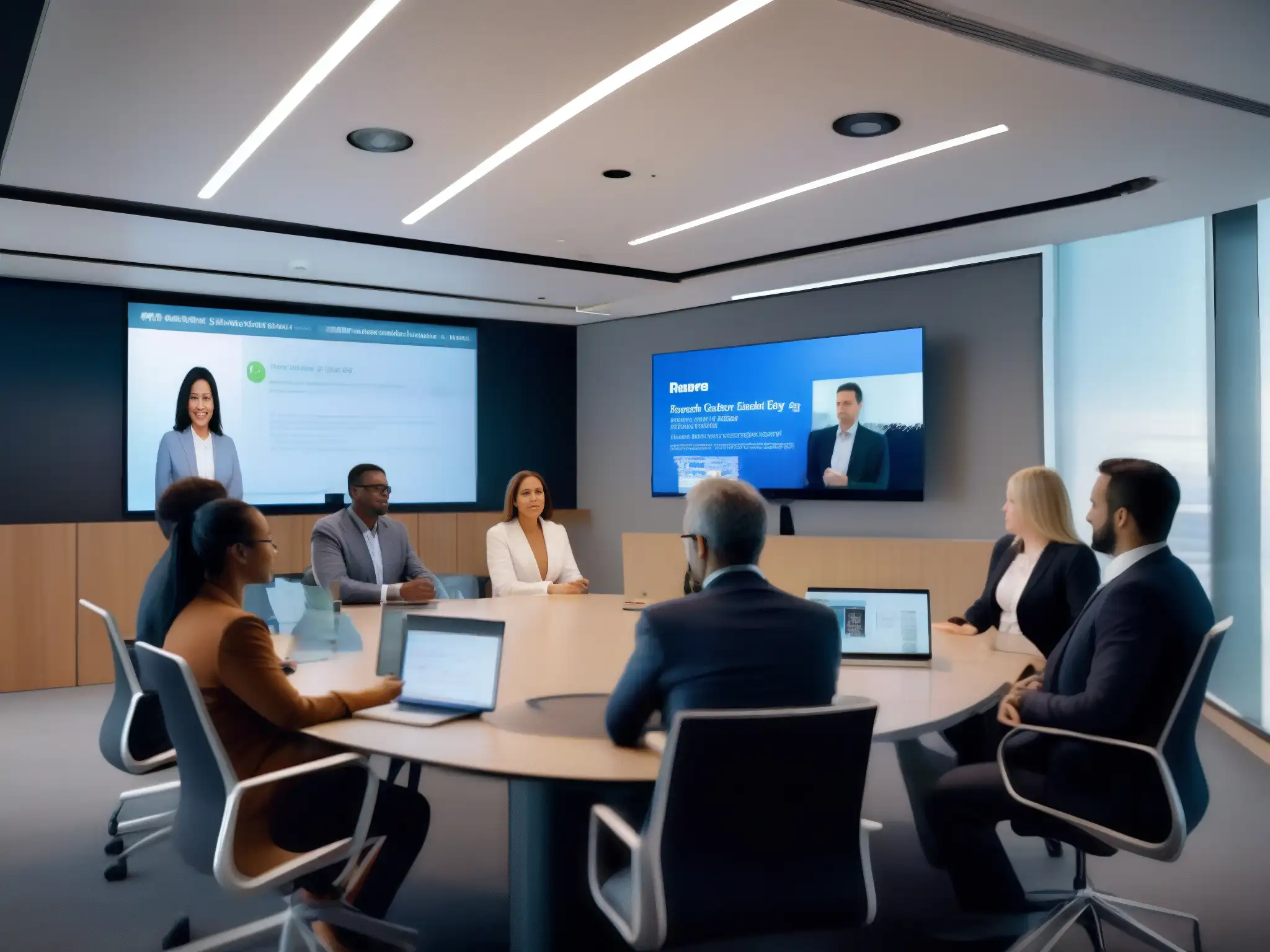 Videoconferencia segura y profesional con Tixeo Profesionales participando en una videoconferencia de alta seguridad Tixeo en una sala moderna y bien iluminada, con datos encriptados en pantalla y características de seguridad avanzadas