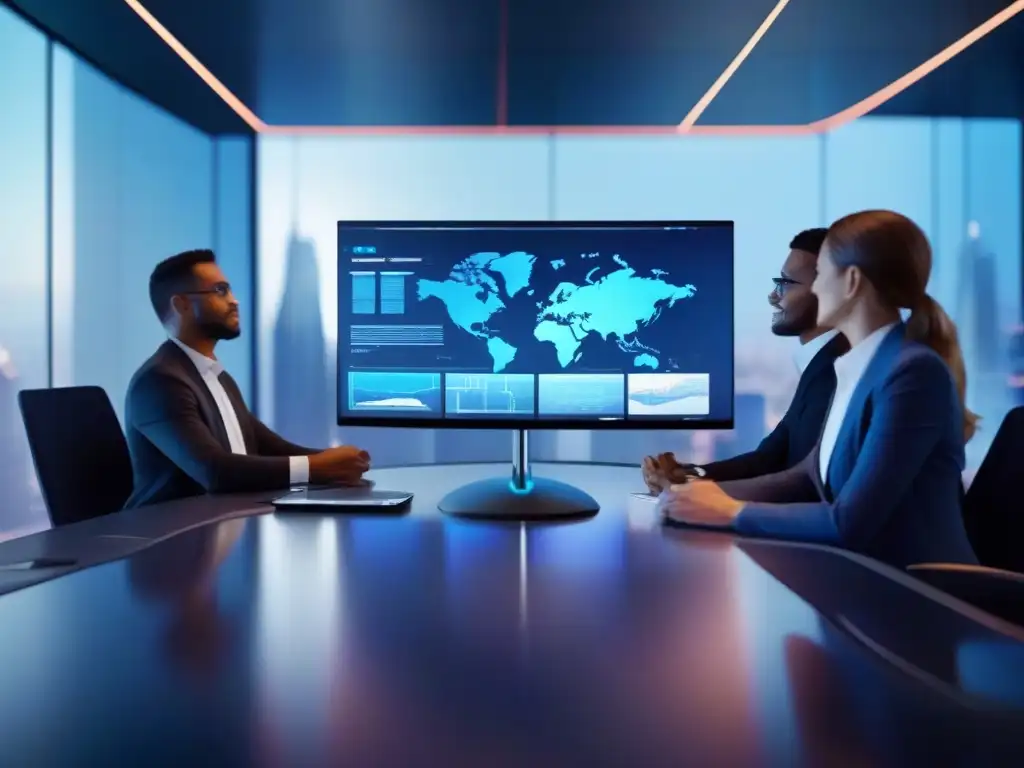 Videoconferencia holográfica de alta tecnología: colaboración futurista Profesionales en videoconferencia de alta tecnología, colaborando en un espacio virtual futurista