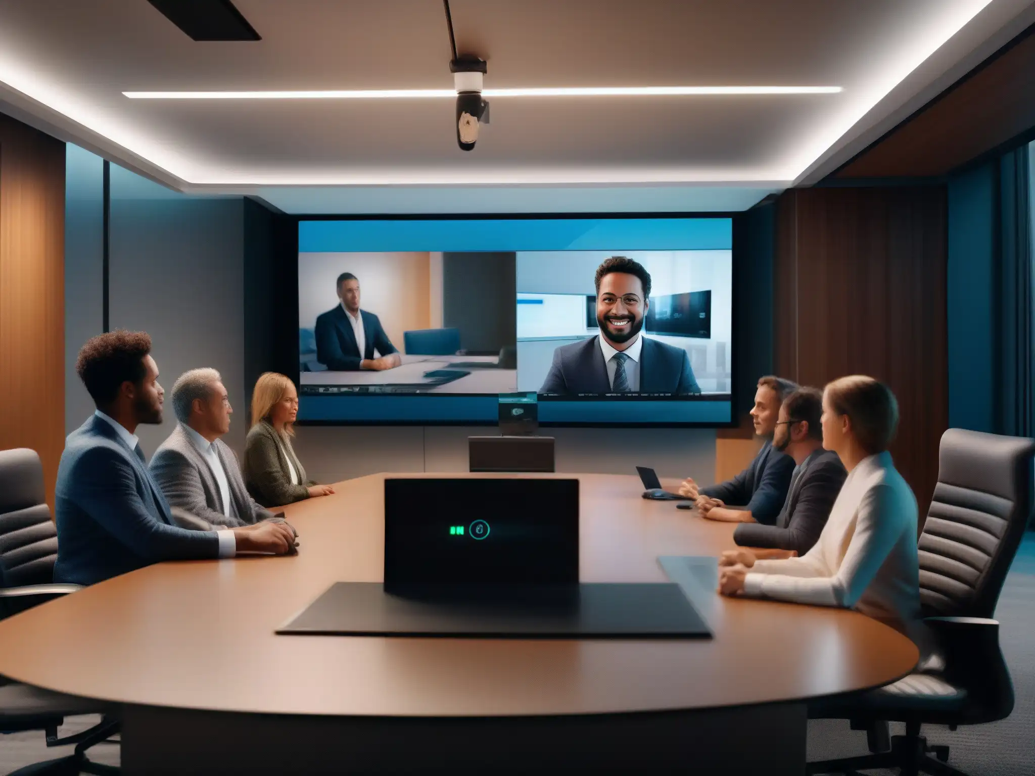 Conferencia virtual profesional en 8k Profesionales en videoconferencia con alta tecnología, microfonos y cámaras de alta resolución, en una sala bien iluminada