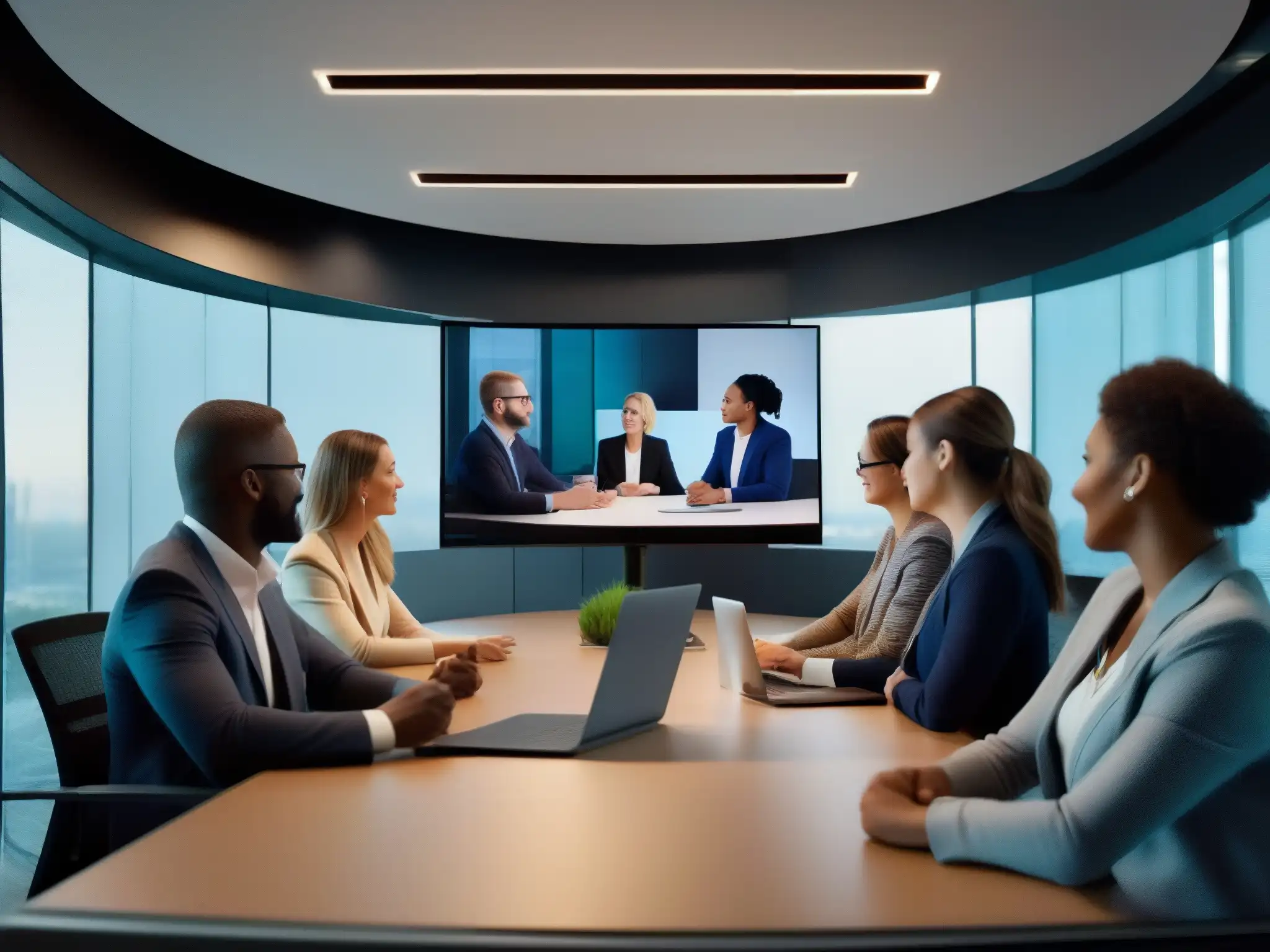 Reunión de profesionales en videoconferencia con Chime en oficina moderna Profesionales en videoconferencia con Chime Amazon, colaborando en una oficina moderna y elegante