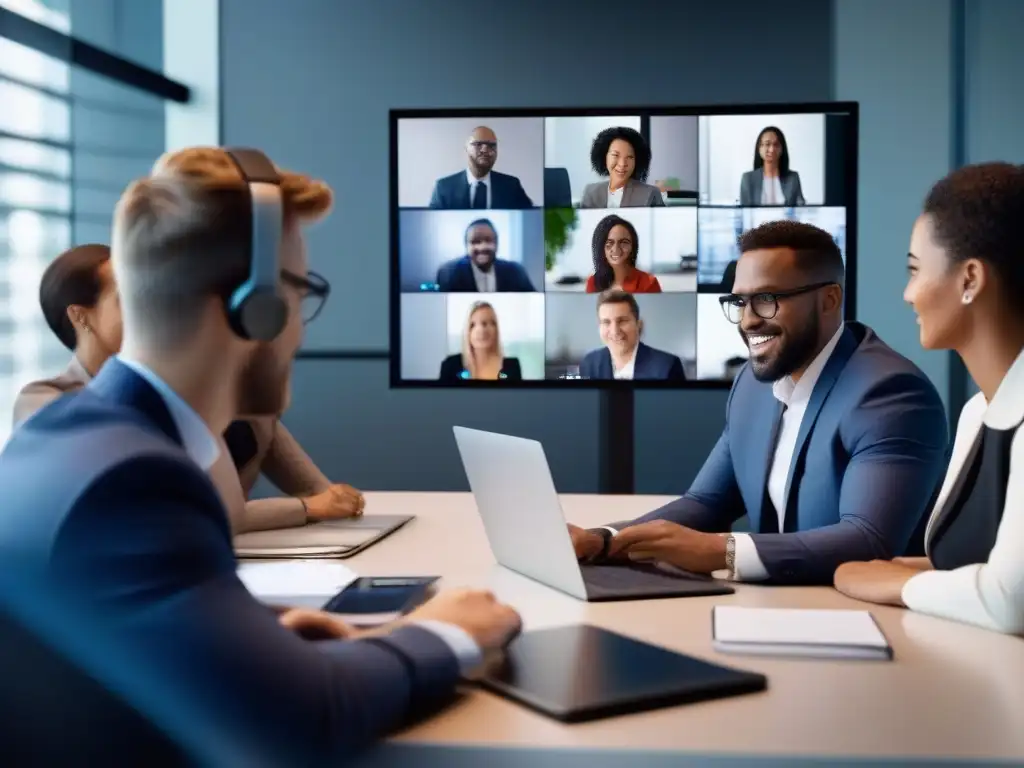 Profesionales en videoconferencia: modernidad y compromiso Profesionales en videoconferencia, ambiente cálido y moderno