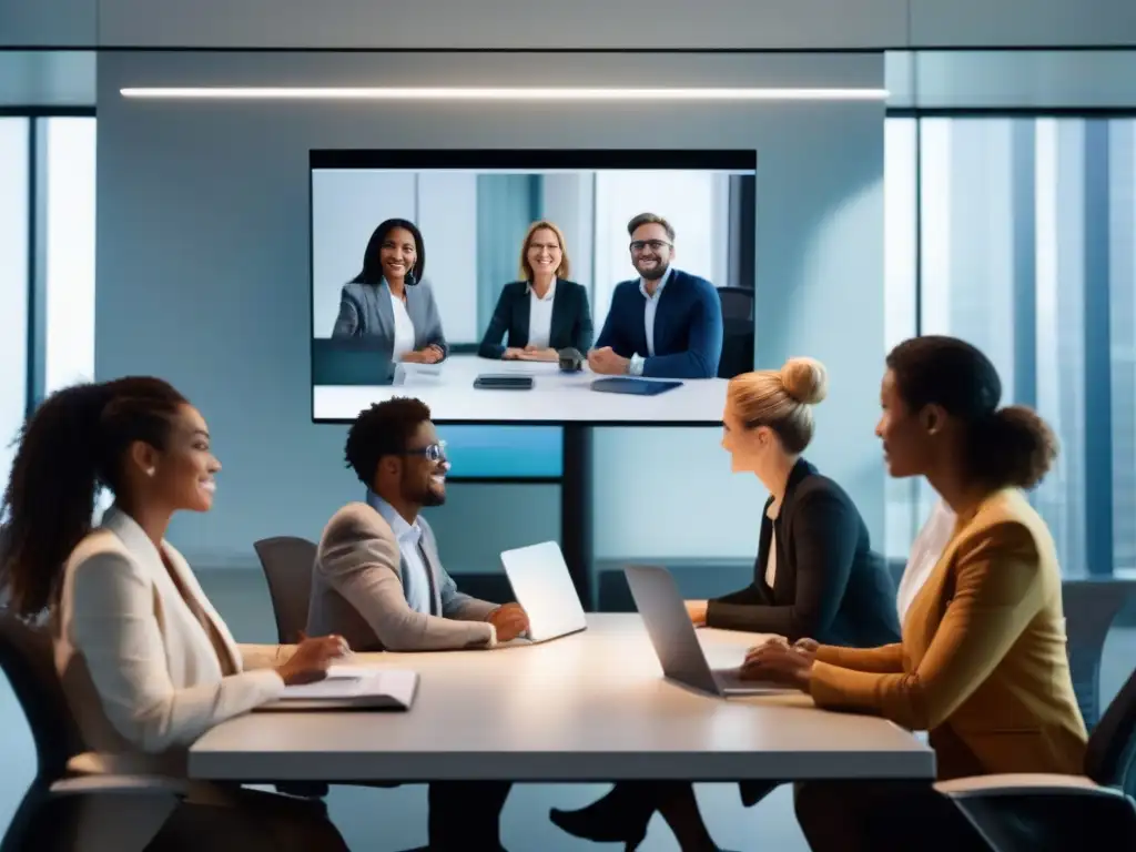 Reunión virtual de profesionales con tecnología 5G de vanguardia Profesionales en videoconferencia, integración 5G en ambiente colaborativo y moderno