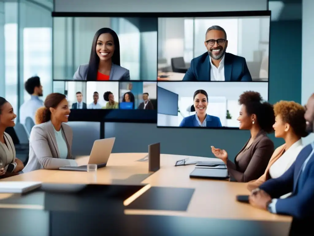 Profesionales en videoconferencia: colaboración eficiente Profesionales en videoconferencia, ambiente colaborativo en oficina moderna