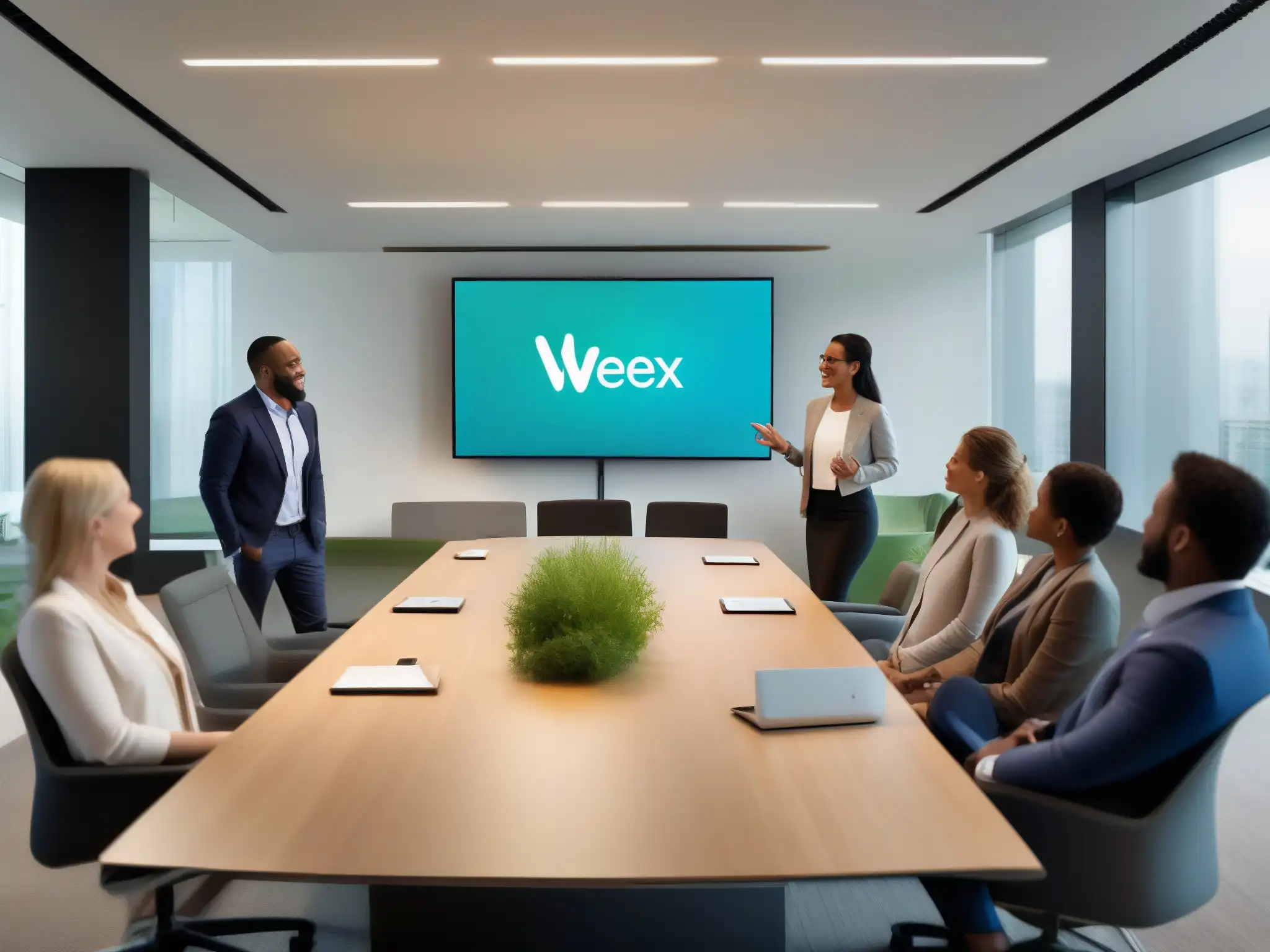 Reunión virtual exitosa con Webex en oficina moderna Profesionales en videoconferencia con Webex, creando un ambiente colaborativo y profesional