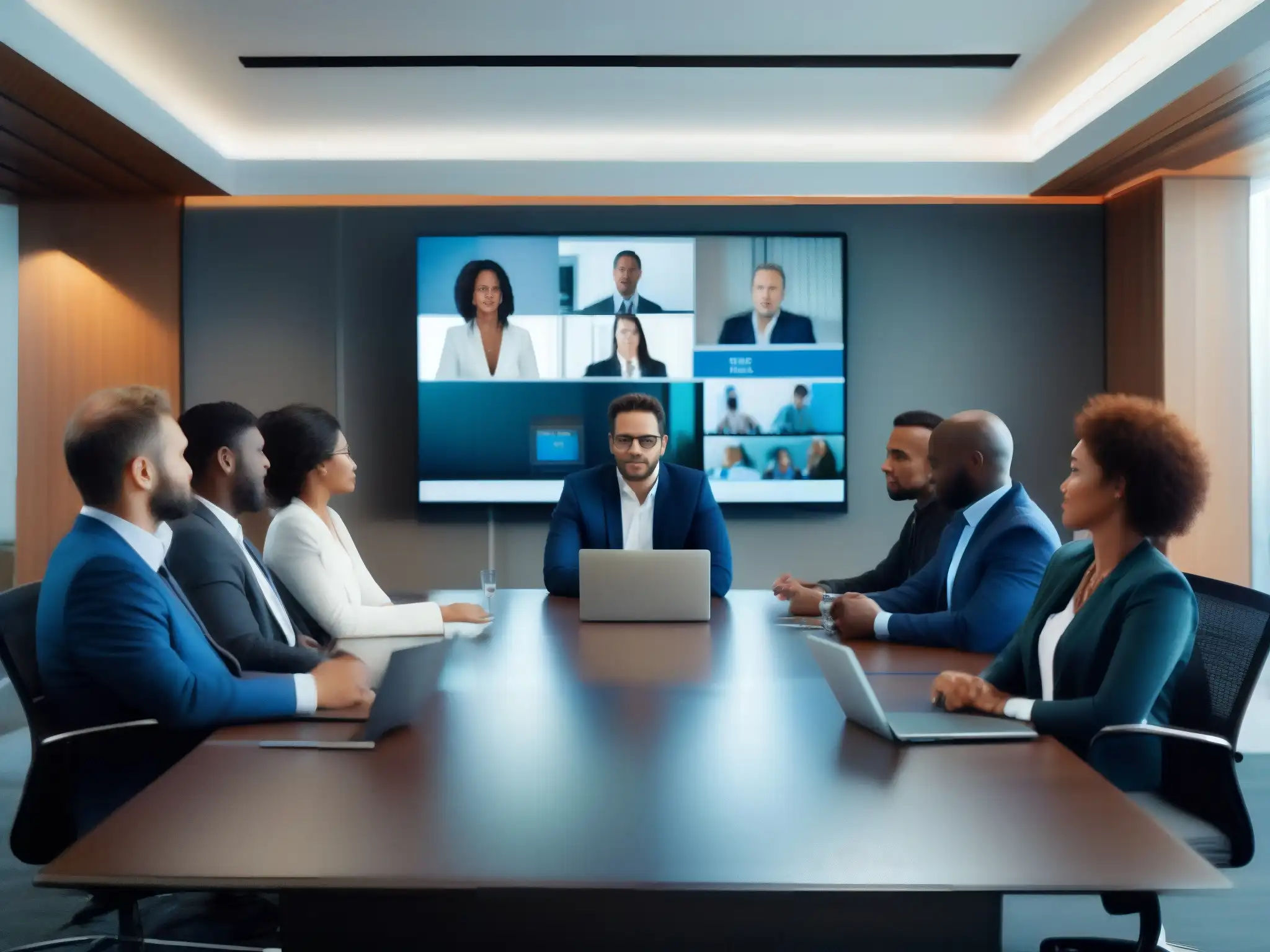 Videoconferencia profesional en oficina moderna Profesionales en videoconferencia, ambiente corporativo moderno y responsable, alta calidad de imagen