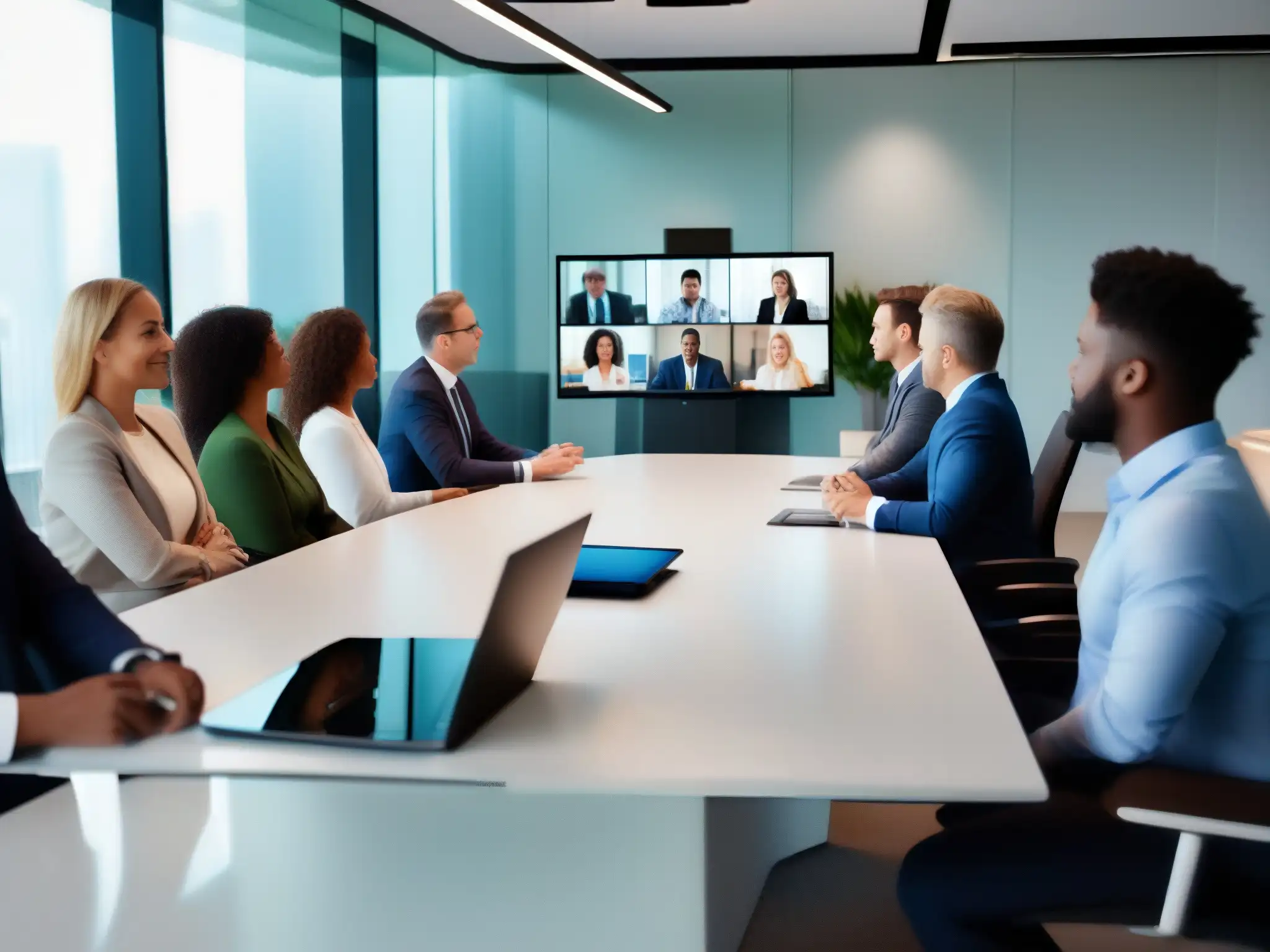Videoconferencia global en ambiente corporativo Profesionales en videoconferencia, ambiente corporativo con mejores prácticas de colaboración y eficiencia global