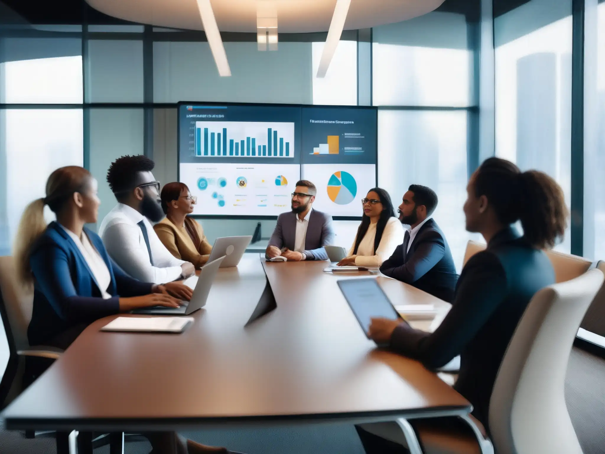 Reunión de profesionales: colaboración e innovación 'Profesionales colaborando en videoconferencia, ambiente dinámico y profesional en una oficina moderna