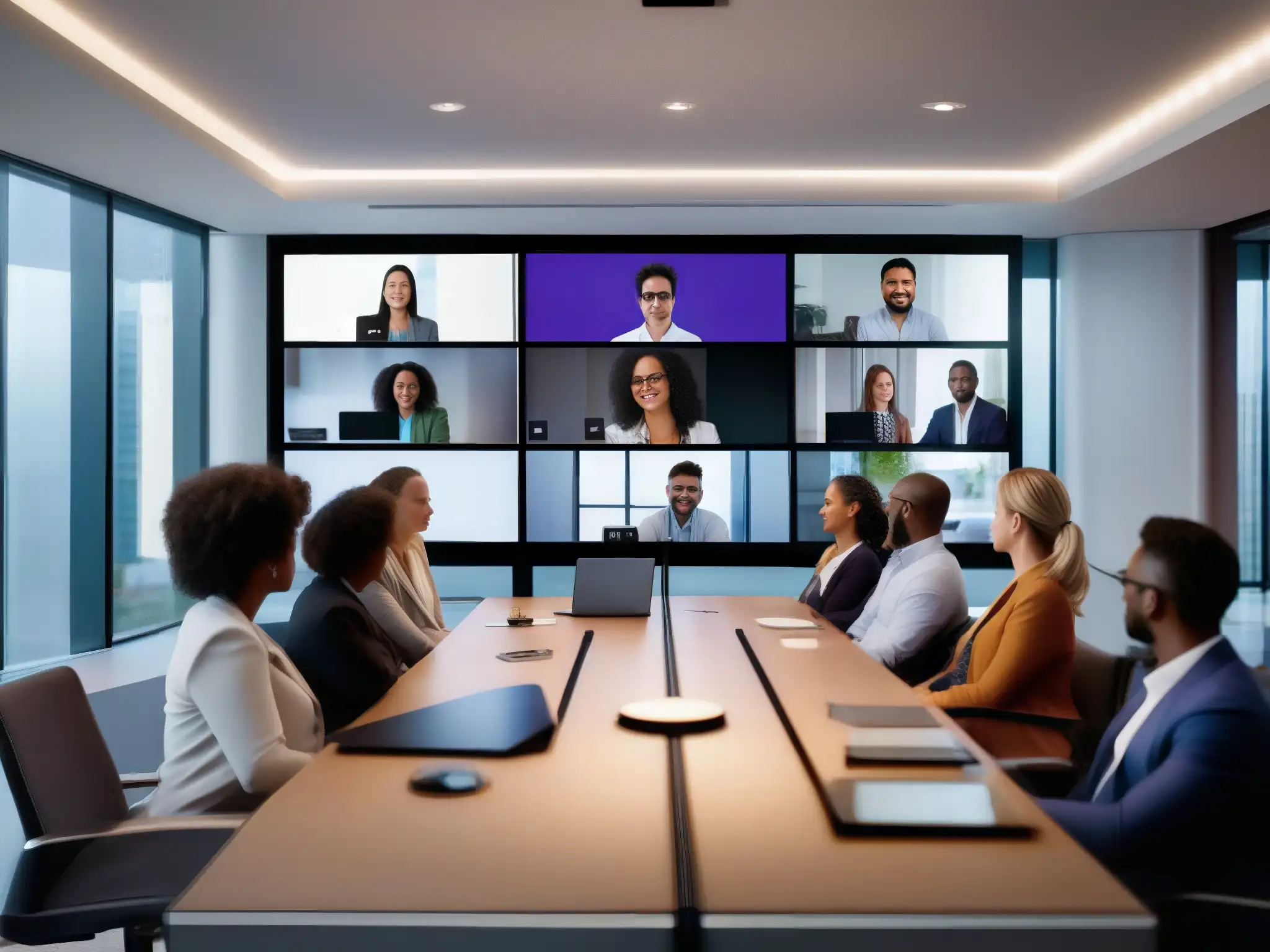 Reunión virtual de profesionales en Microsoft Teams Profesionales en videoconferencia con Microsoft Teams, creando un ambiente dinámico y profesional