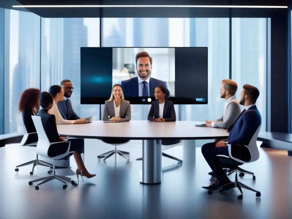 Videoconferencia 5G: Eficiencia y Colaboración en Oficina Futurista Profesionales en videoconferencia 5G, ambiente futurista y eficiencia colaborativa