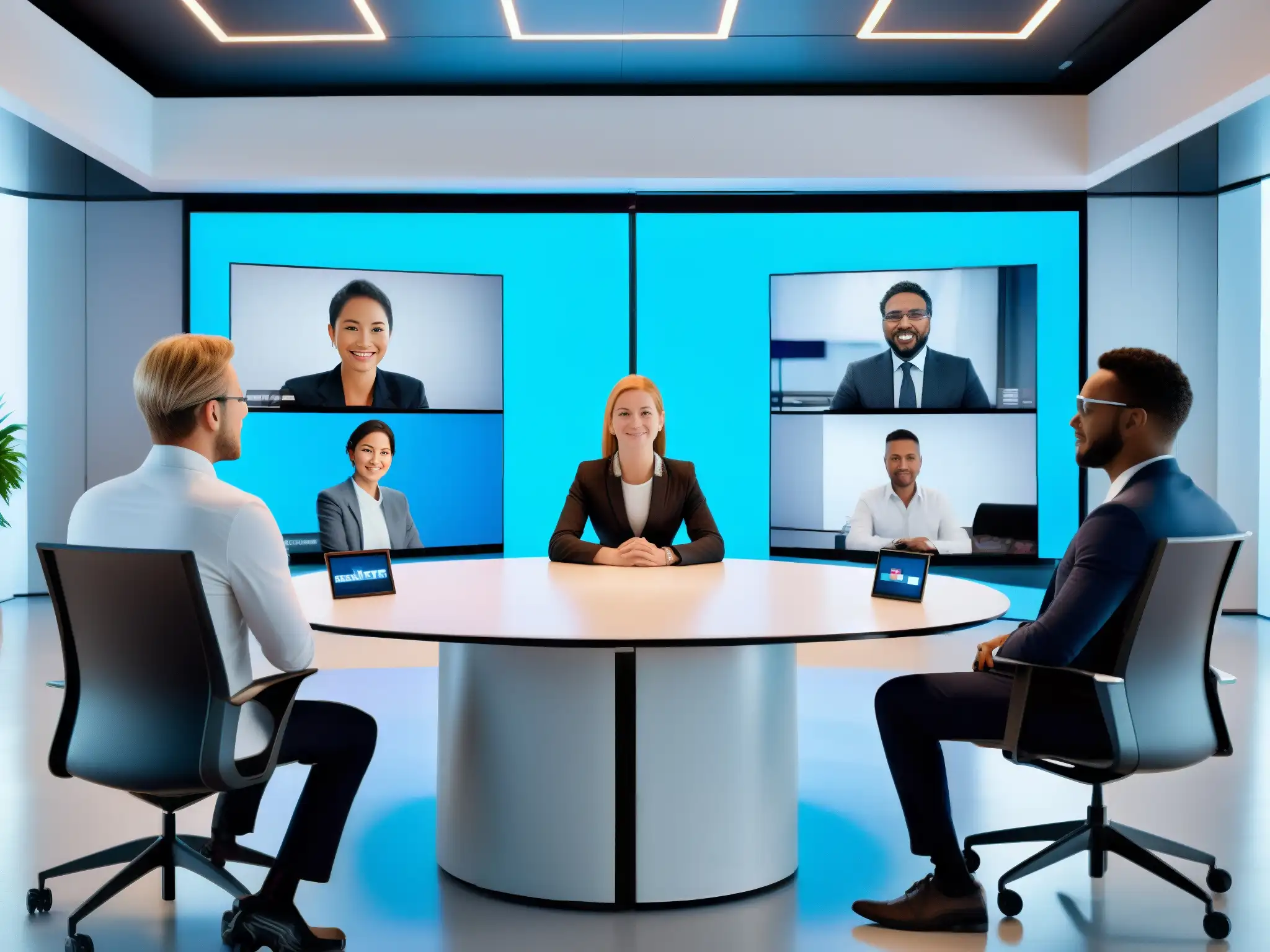 Conferencia virtual de profesionales con tecnología de vanguardia Profesionales en videoconferencia con tecnología AI y ambiente futurista