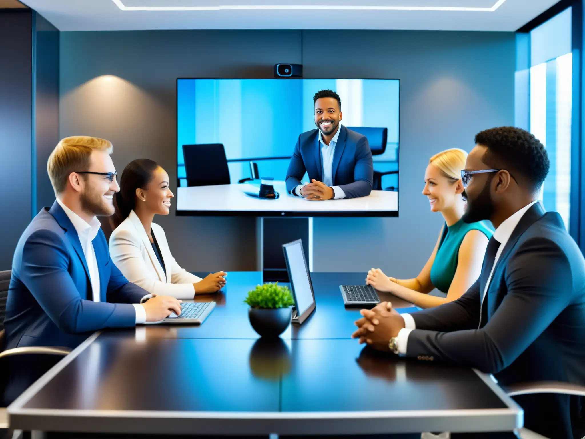 Profesionales en videoconferencia: colaboración y tecnología de vanguardia Profesionales en videoconferencia, ambiente futurista y alta tecnología reflejan el impacto positivo en la cultura corporativa y productividad