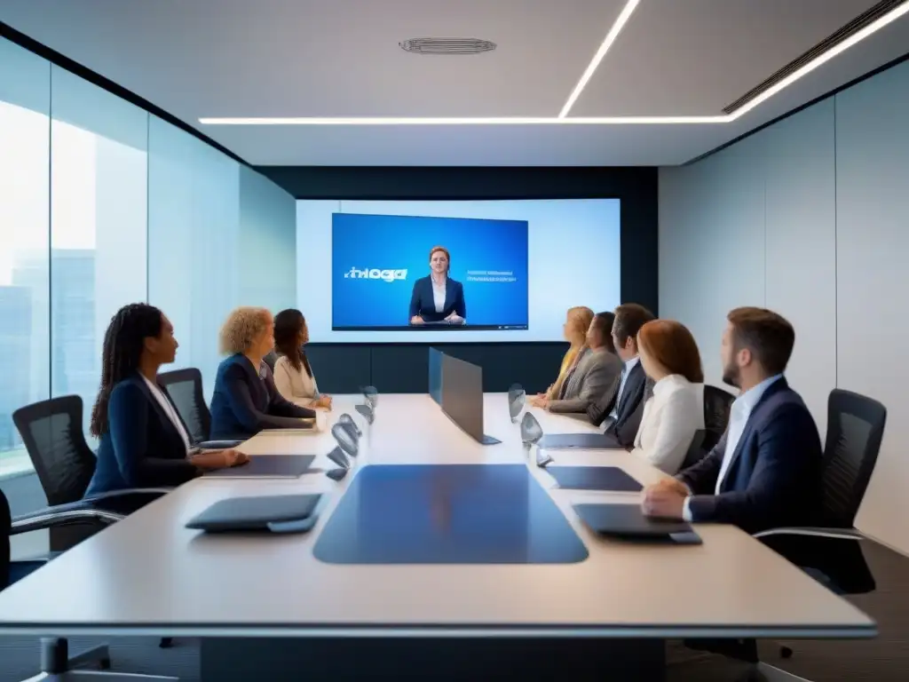Reunión virtual de profesionales: innovación y colaboración en acción Profesionales en videoconferencia de alta definición, ambiente moderno y colaborativo