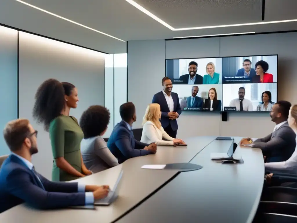 Videoconferencia profesional: Colaboración moderna y efectiva Profesionales en videoconferencia, ambiente moderno y colaborativo