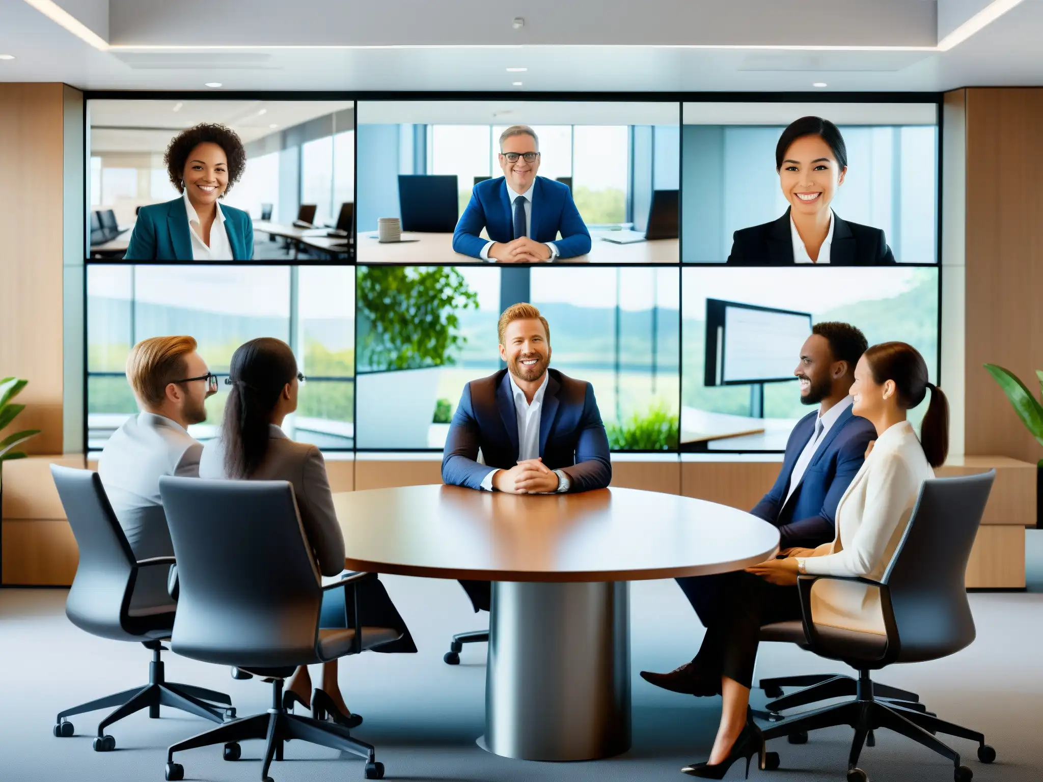 Reunión virtual de profesionales en oficina moderna Profesionales en videoconferencia, ambiente moderno y eficiente