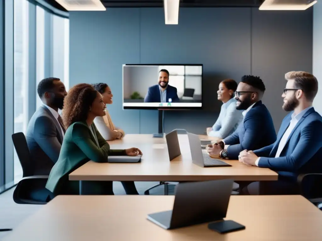 Reunión virtual de profesionales en ambiente innovador Profesionales en videoconferencia, ambiente moderno y productivo
