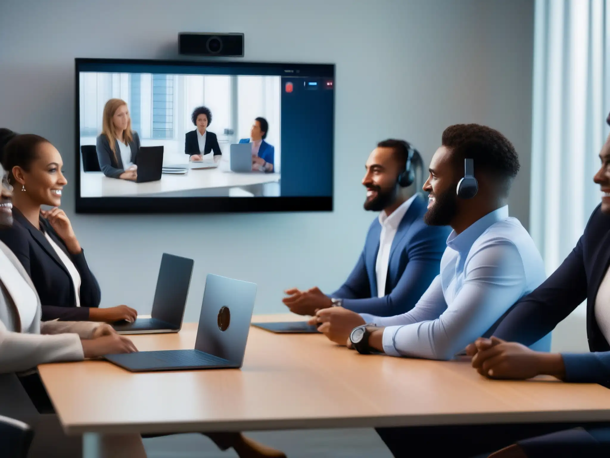 Reunión virtual dinámica de profesionales en oficina moderna Profesionales en videoconferencia, ambiente moderno y colaborativo