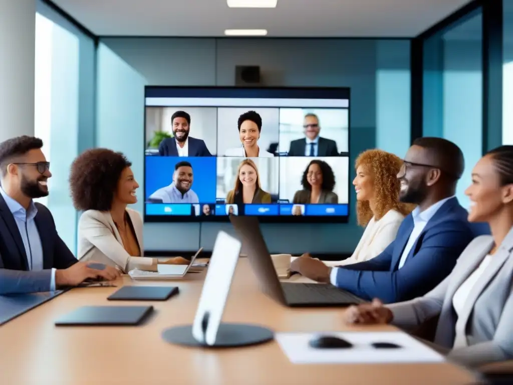 Profesionales en videoconferencia: productividad y colaboración Profesionales en videoconferencia, ambiente moderno y colaborativo, impacto en productividad y cultura corporativa