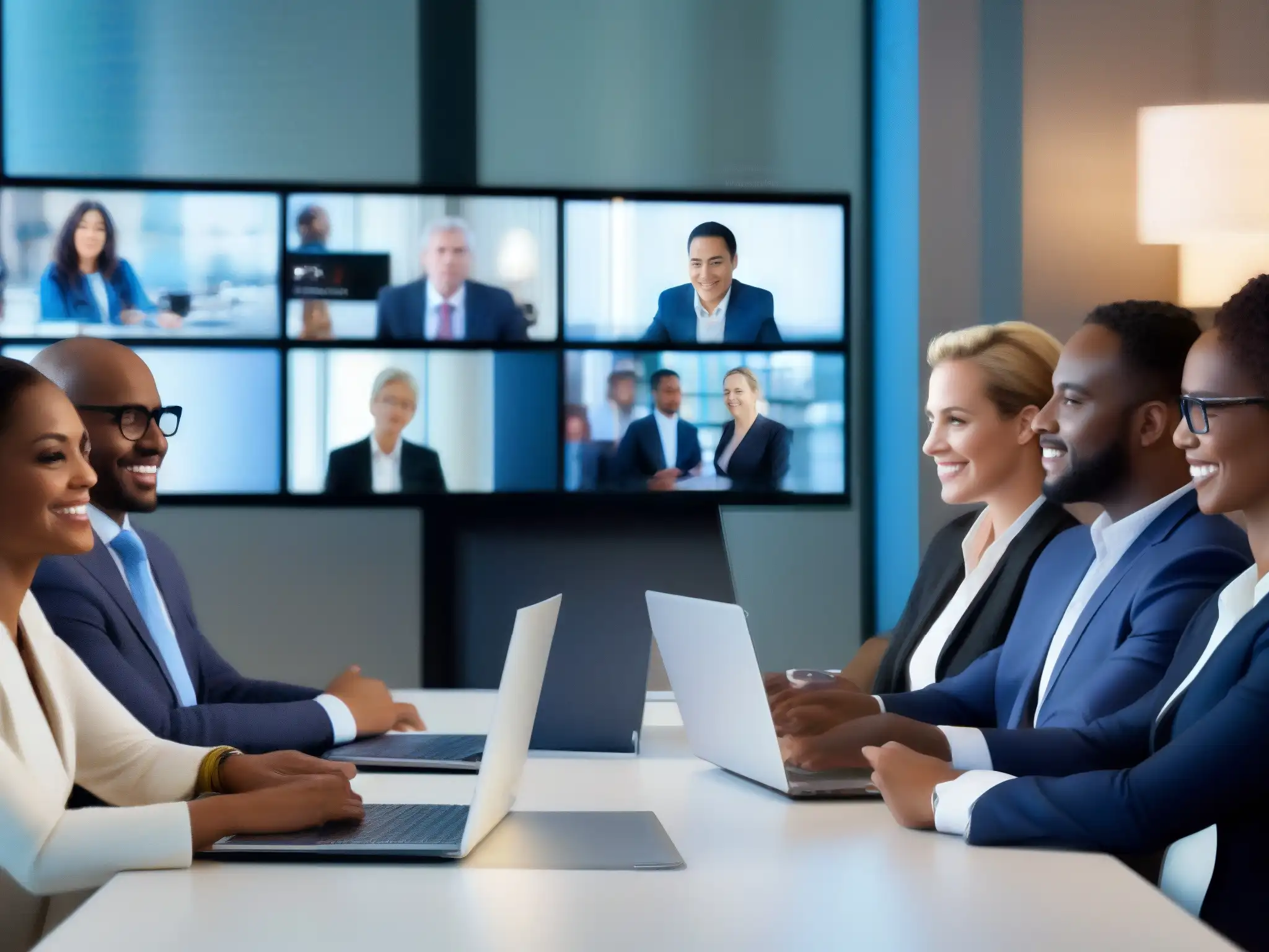 Videoconferencia profesional y colaborativa de alta definición Profesionales en videoconferencia, ambiente moderno y colaborativo