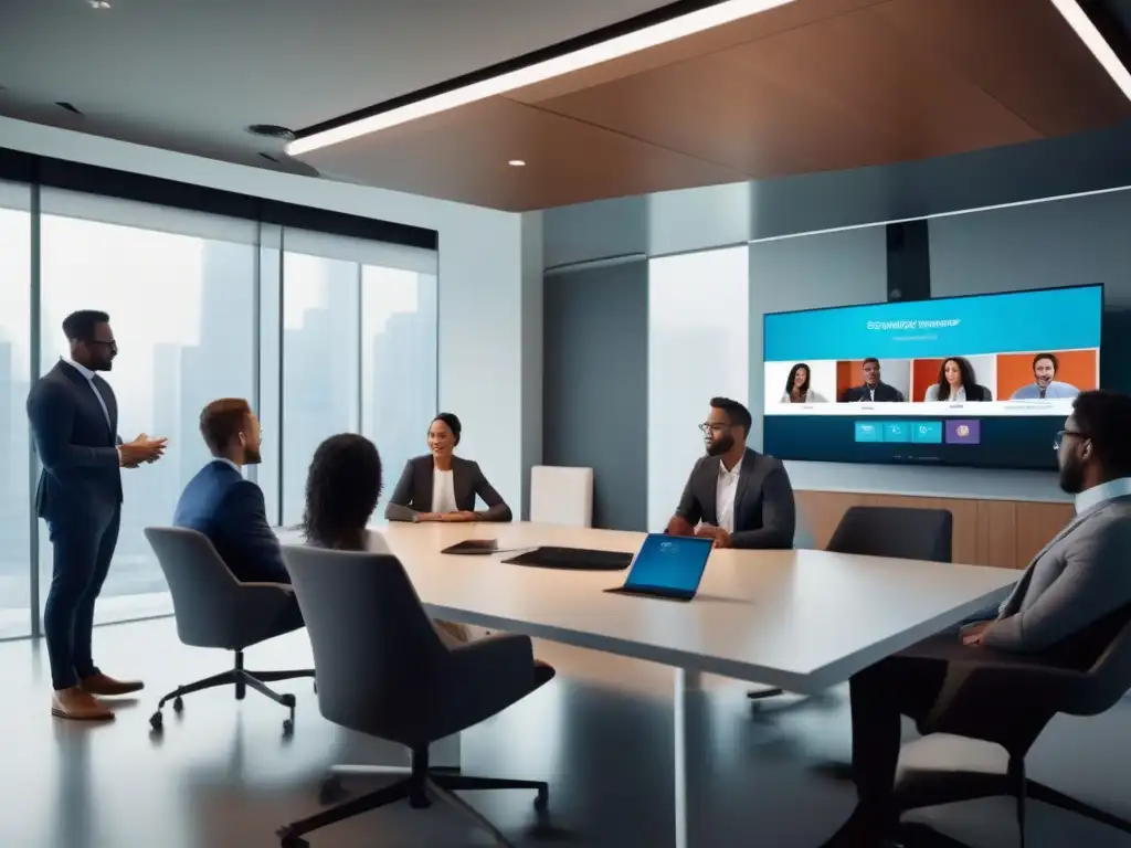 Reunión de videoconferencia profesional: colaboración y enfoque Profesionales colaborando en videoconferencia, ambiente moderno y profesional