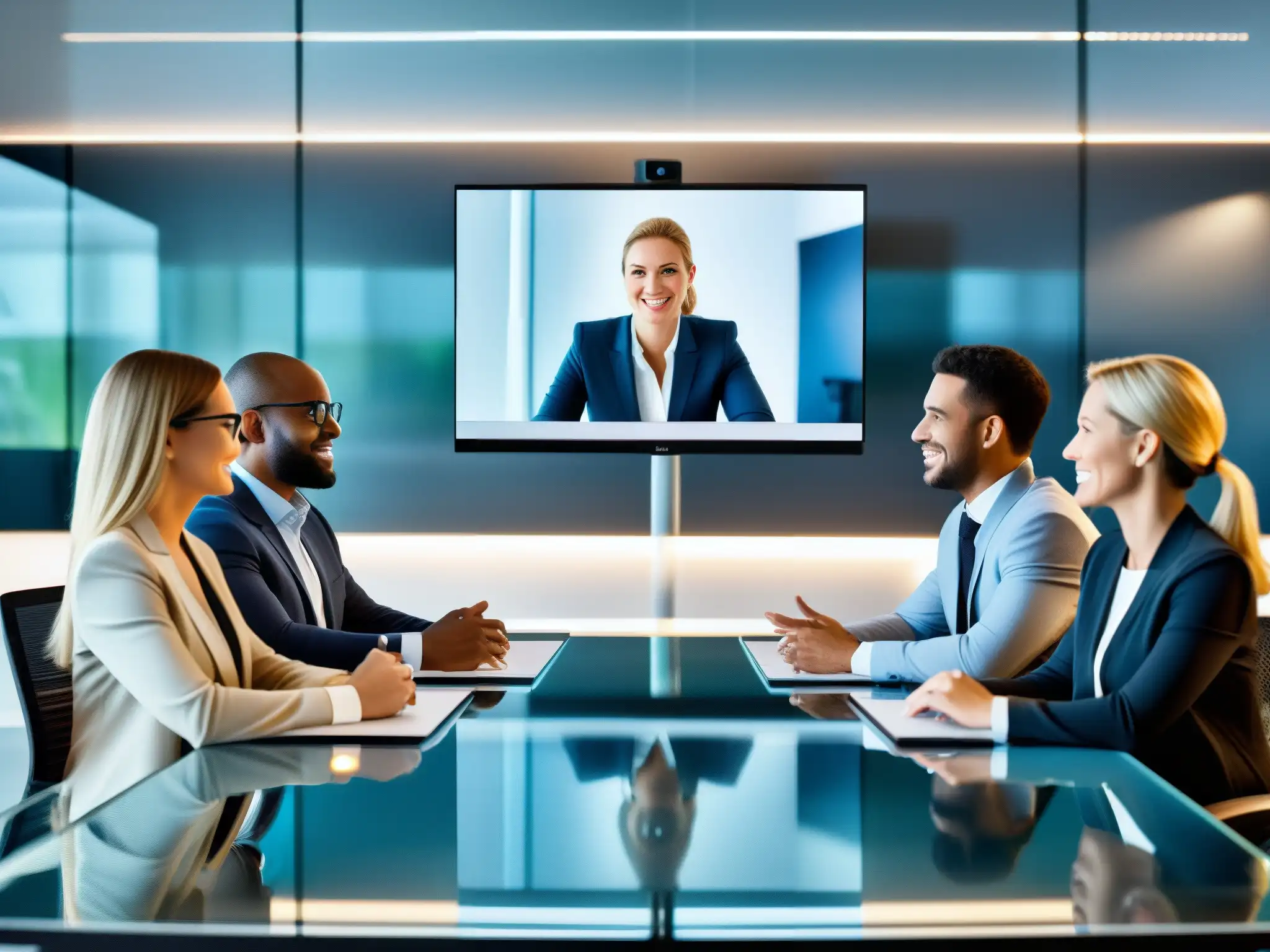 Conferencia virtual de profesionales en tecnología de vanguardia Profesionales en videoconferencia, ambiente moderno con integraciones para videoconferencia empresarial, comunicación efectiva y éxito profesional