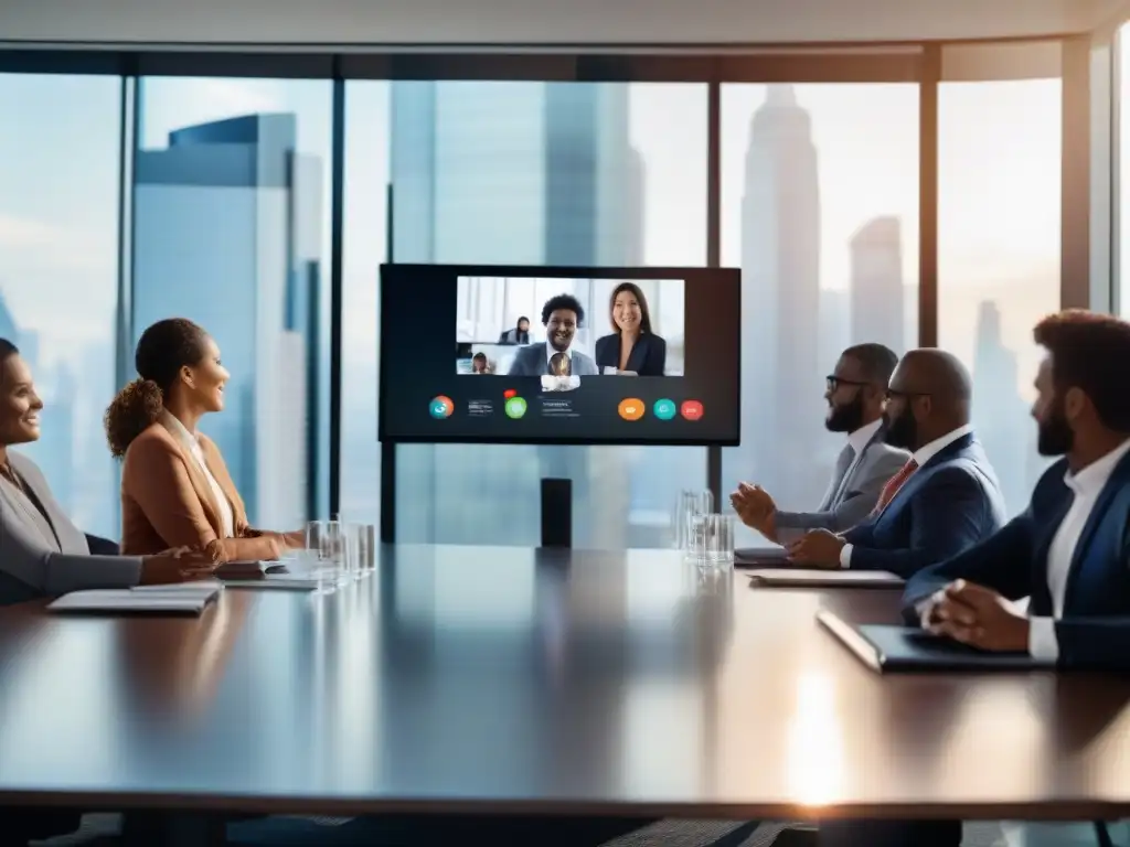 Profesionales en videoconferencia: colaboración y sofisticación empresarial Profesionales en videoconferencia de negocios, ambiente moderno y seguro