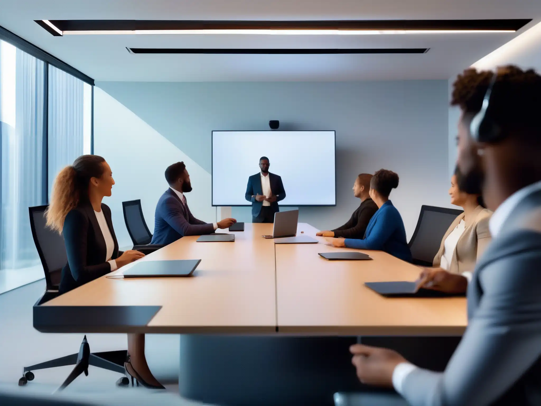 Reunión de profesionales: eficiencia y colaboración en videoconferencia Profesionales en videoconferencia, ambiente moderno y eficiente, suscripciones de costo beneficio