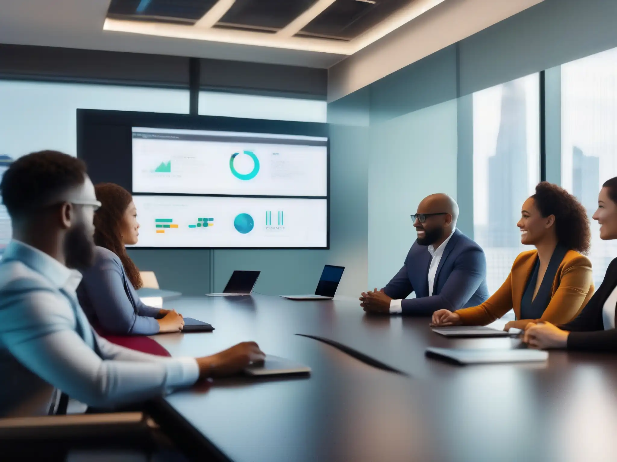 Reunión de profesionales con videoconferencia de alta tecnología Profesionales en videoconferencia con análisis de datos en tiempo real