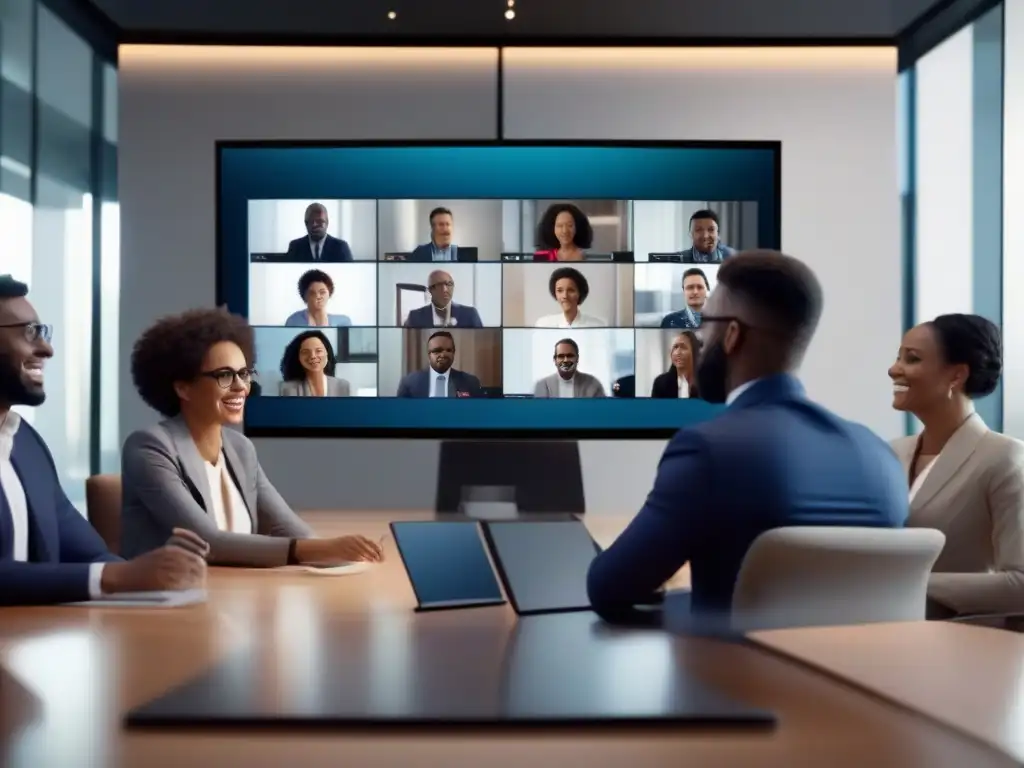 Conferencia virtual dinámica de profesionales diversos Profesionales colaborando en una videoconferencia animada utilizando la plataforma de videoconferencia Jitsi Meet, con tecnología moderna de fondo