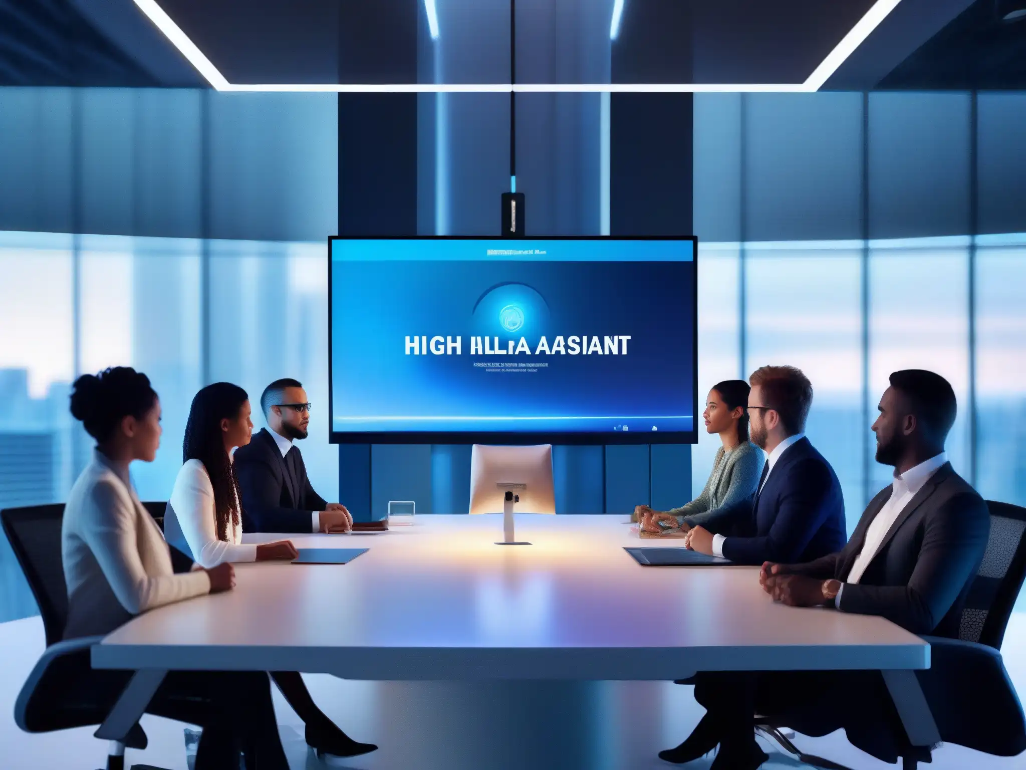 Reunión virtual futurista con asistente de IA Profesionales en videoconferencia con asistente virtual, tecnología de vanguardia y atmósfera innovadora