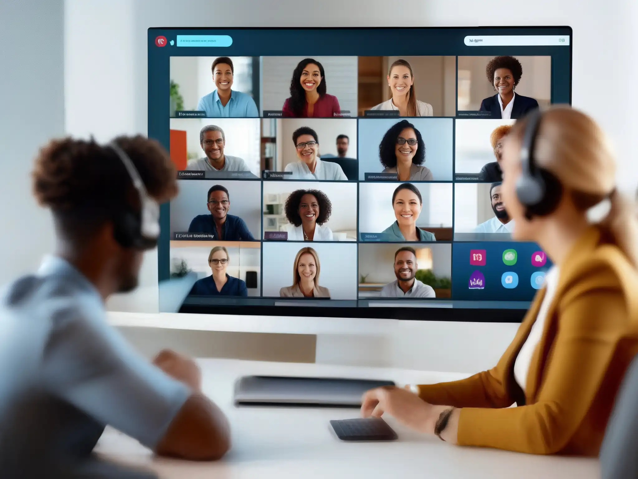 Colaboración eficiente con asistentes virtuales en videoconferencias Profesionales colaborando en videoconferencia con asistentes virtuales, mostrando su utilidad en el trabajo colaborativo