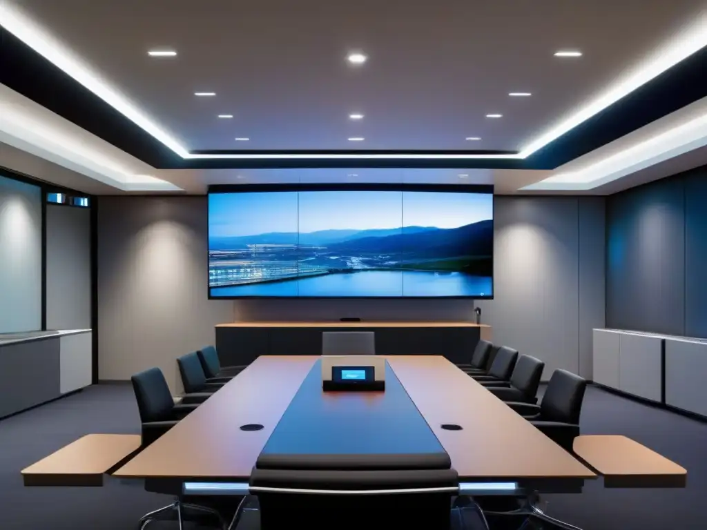 Sala de videoconferencia de alta tecnología con ambiente profesional Profesionales en videoconferencia con asistentes virtuales en un entorno moderno y sofisticado