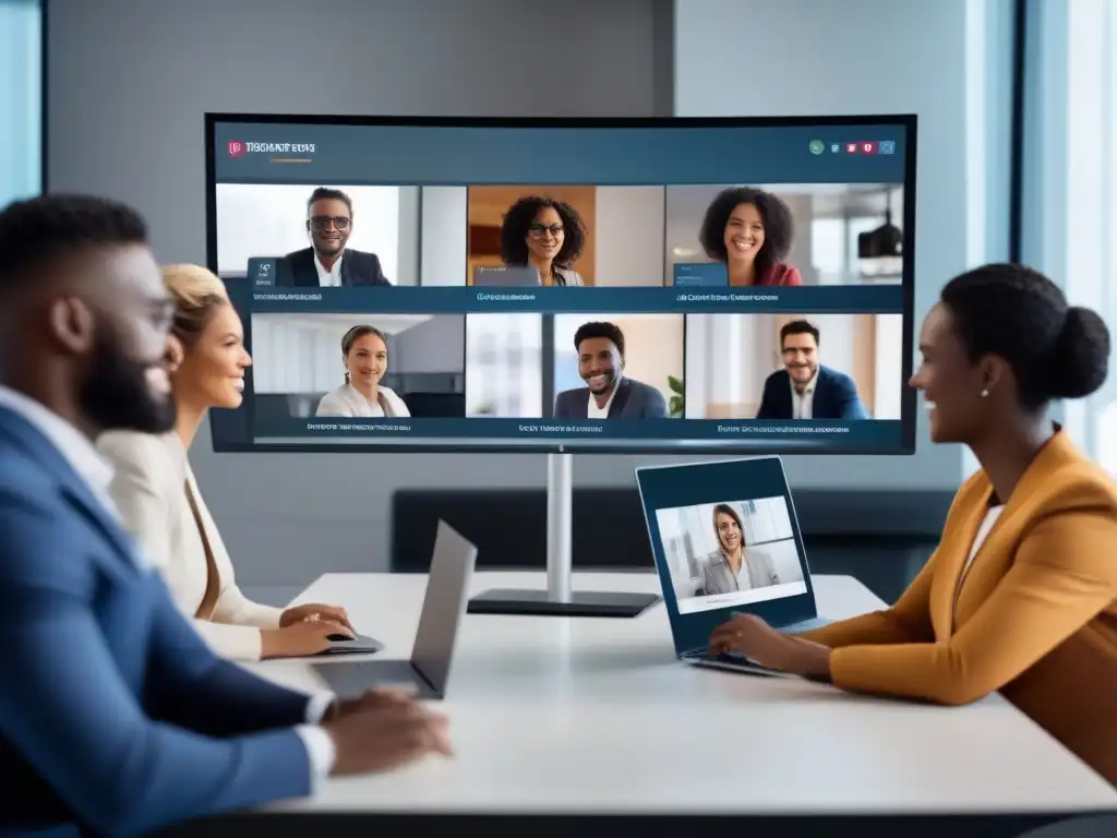 Profesionales en videoconferencia: eficiencia y compromiso Profesionales participando en una videoconferencia con asistentes virtuales