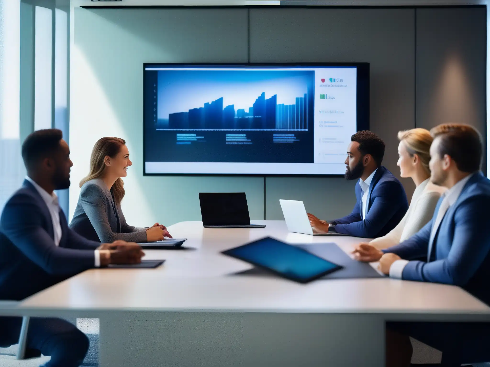 Reunión global de negocios: Profesionales en videoconferencia Profesionales en videoconferencia, discutiendo asuntos de negocios en una oficina moderna