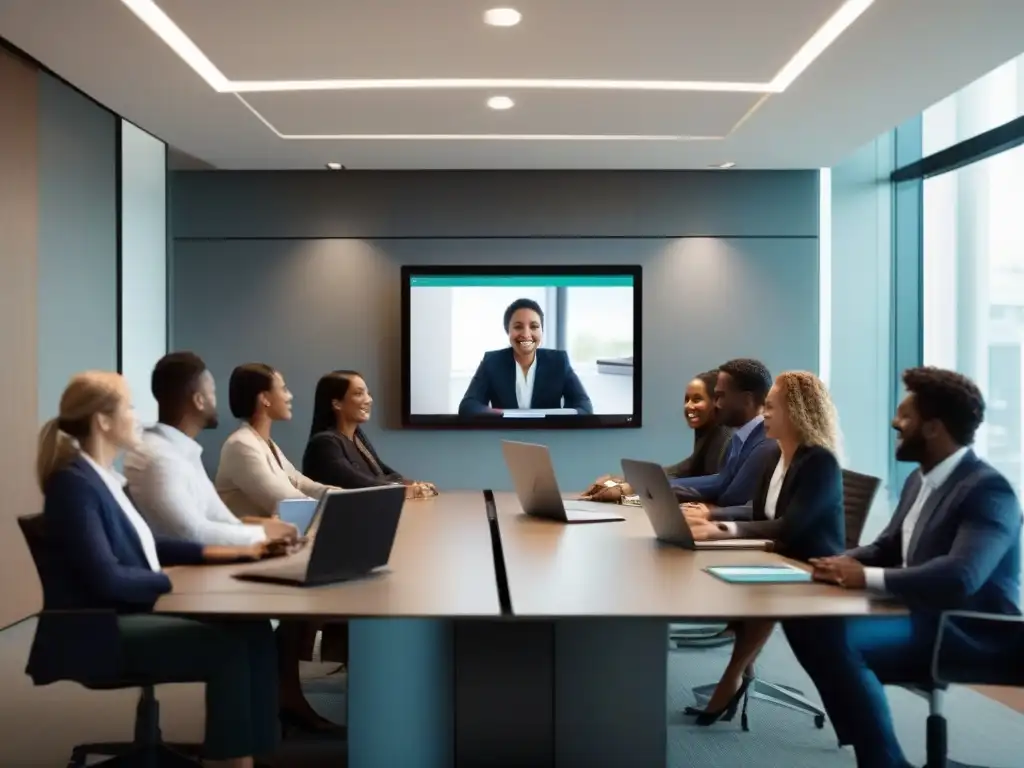 Reunión profesional con Webex: productividad y dinamismo Profesionales en videoconferencia Webex con atajos teclado, en una oficina moderna y dinámica