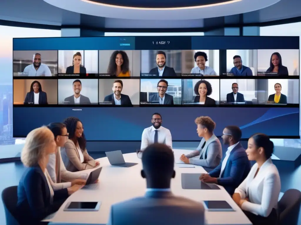 Reunión virtual profesional con audiencia diversa y comprometida Profesionales participan en una videoconferencia con audiencia diversa, colaborando y utilizando herramientas interactivas