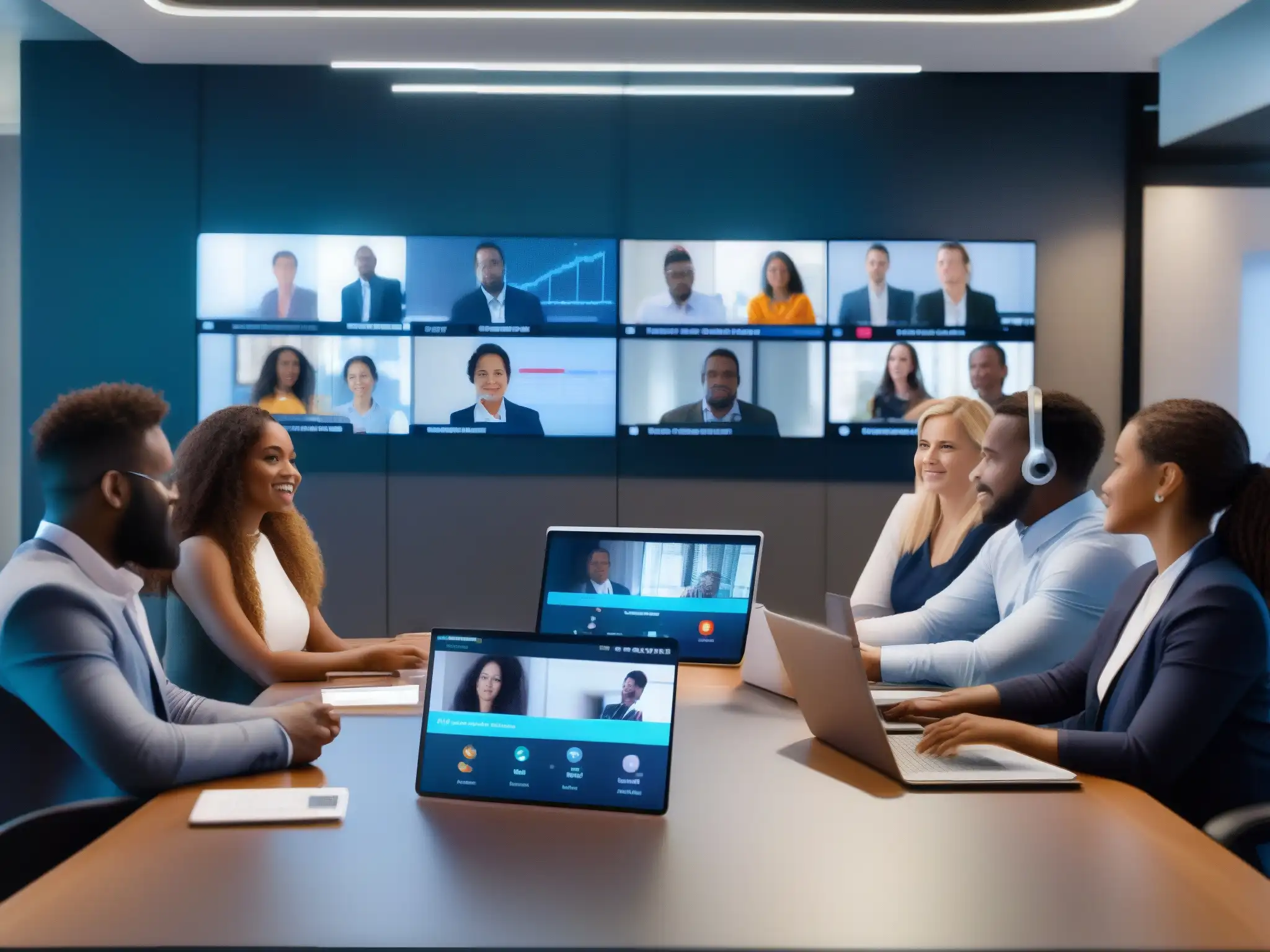 Profesionales colaborando con IA en videoconferencia Profesionales en videoconferencia con analítica avanzada del comportamiento, colaboración y tecnología moderna