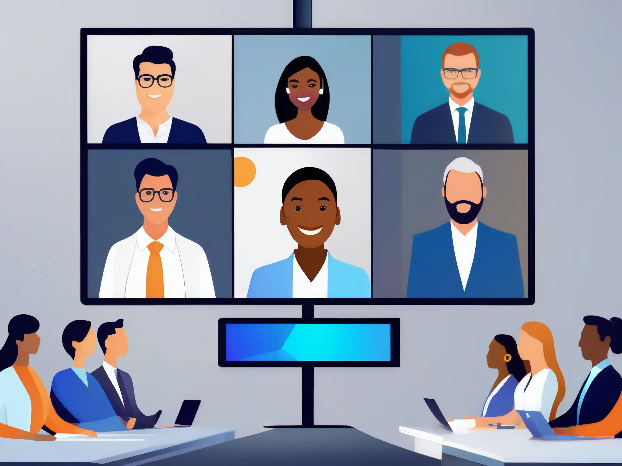 Videoconferencia avanzada con IA para profesionales Profesionales diversos participan en una videoconferencia con avanzada integración de IA y funciones inteligentes, mejorando la experiencia