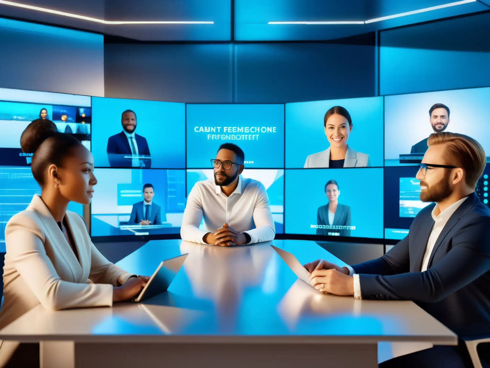 Profesionales en videoconferencia 8k con tecnología de vanguardia Profesionales en videoconferencia con avanzada seguridad y tecnología holográfica en oficina futurista
