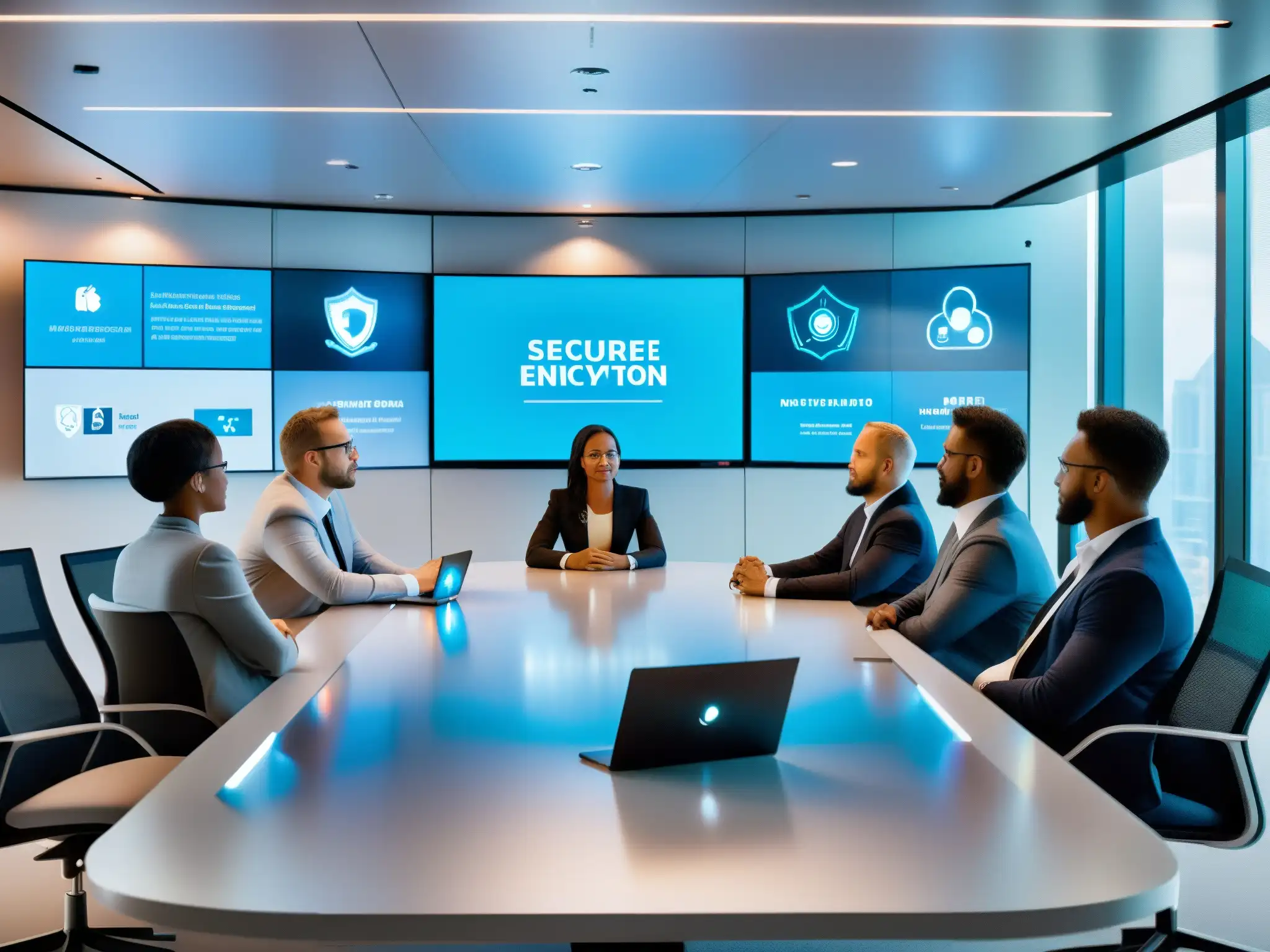 Conferencia virtual segura: profesionales en acción Profesionales en videoconferencia con avanzados avances tecnológicos seguridad, en un ambiente de confianza y sofisticación