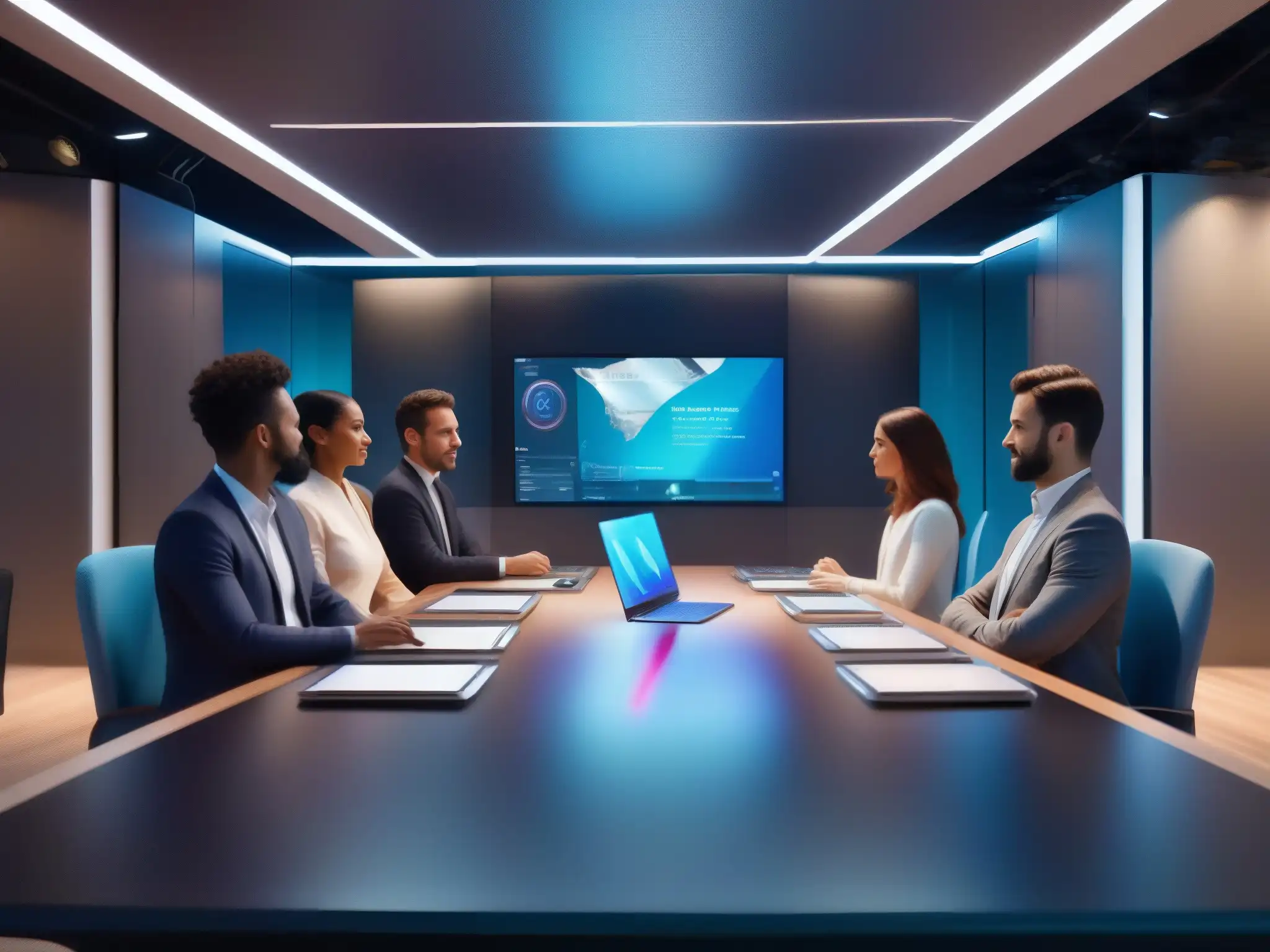 Reunión virtual futurista con avatares AI y tecnología holográfica Profesionales en videoconferencia con avatares de IA, simbolizando el impacto de la IA en videoconferencias del futuro