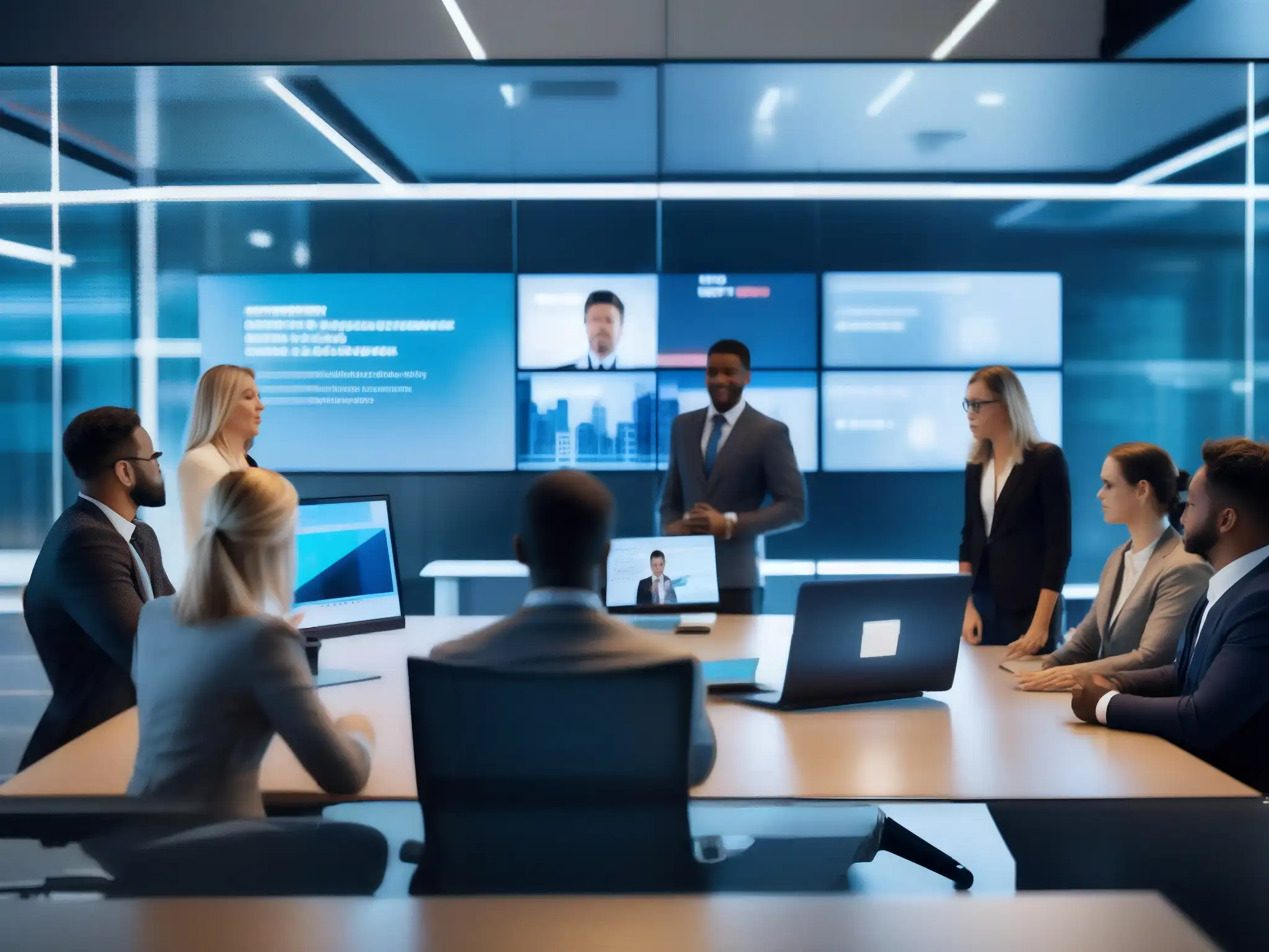 Conferencia blockchain: seguridad y profesionalismo Profesionales en videoconferencia con blockchain, transmitiendo datos seguros