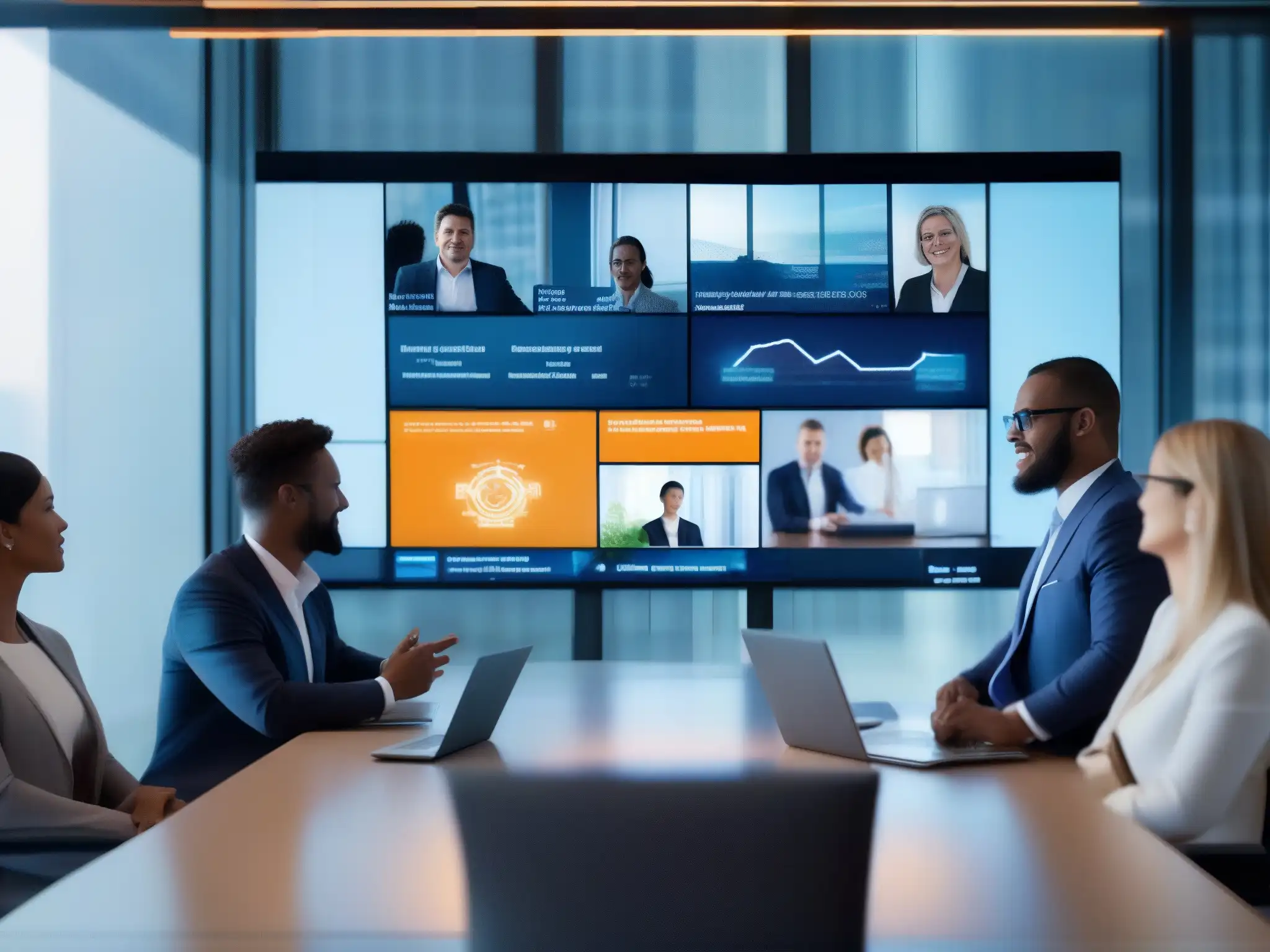 Conferencia virtual con blockchain: seguridad y privacidad Profesionales en videoconferencia con blockchain, fusionando tecnología y seguridad en comunicación digital