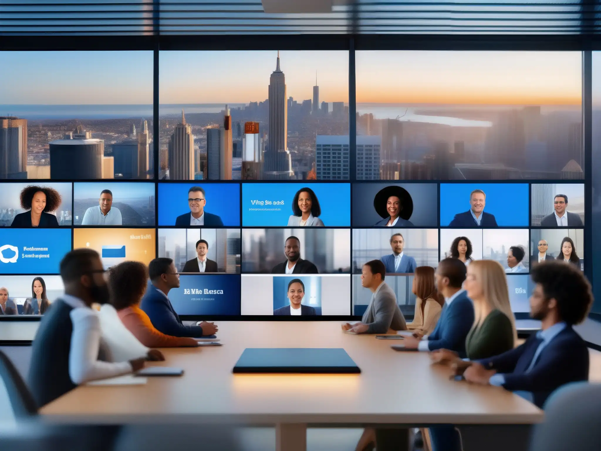 Profesionales enfocados en videoconferencia moderna Profesionales en videoconferencia por BlueJeans, con una interfaz moderna y herramientas de comunicación