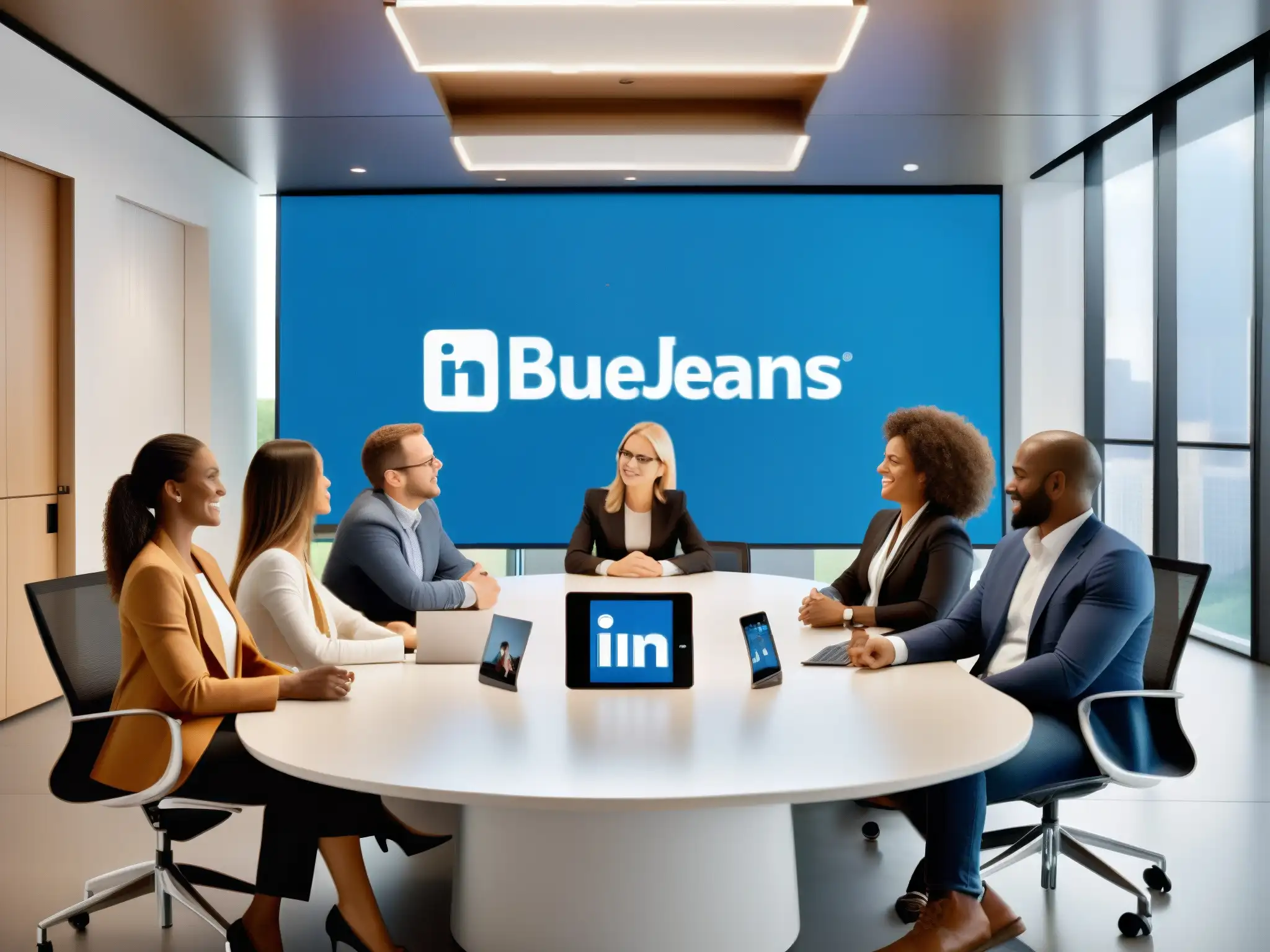Conferencia profesional en BlueJeans y LinkedIn Profesionales en videoconferencia usando BlueJeans y LinkedIn en una oficina moderna