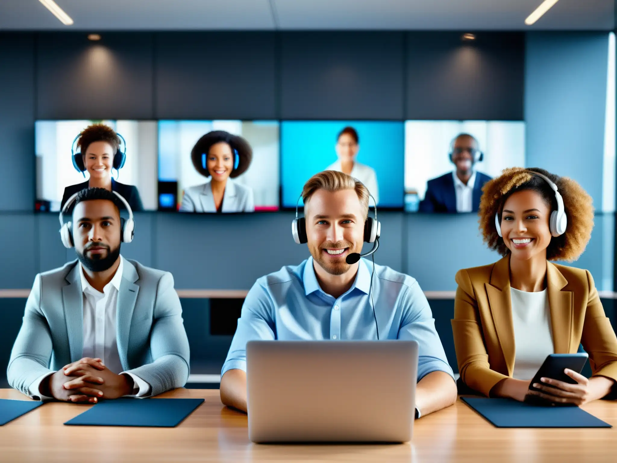 Profesionales en videoconferencia con auriculares de alta calidad Profesionales en videoconferencia con calidad de audio destacada