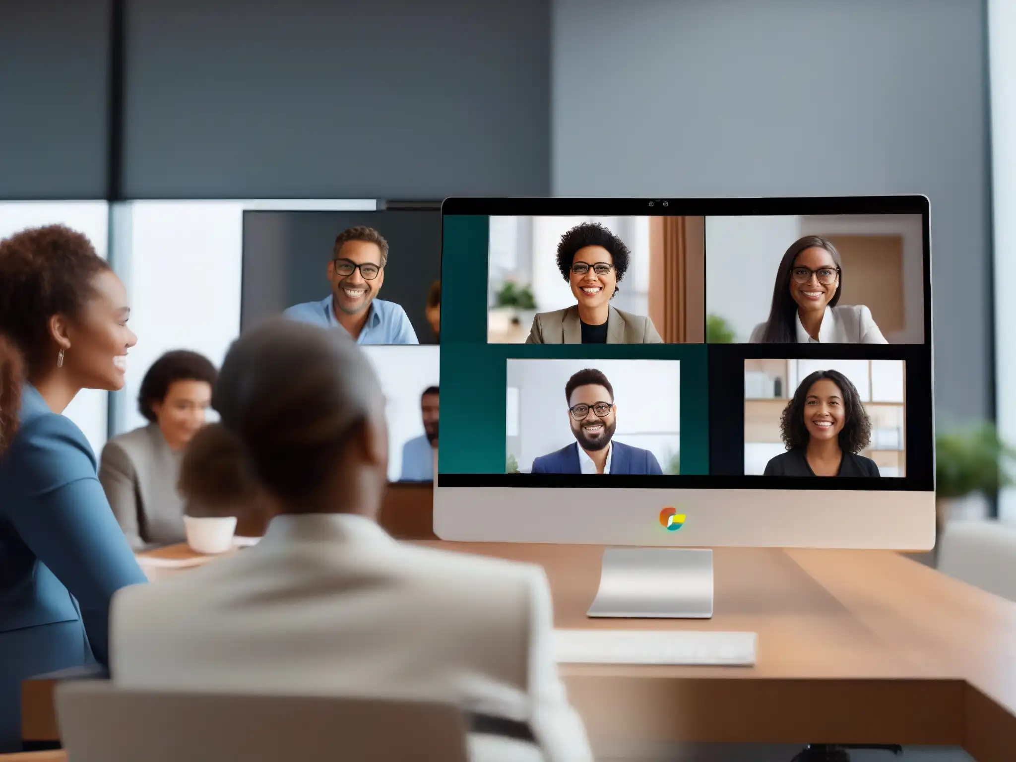 Reunión virtual en Google Meet: Profesionales comprometidos y colaborativos Profesionales en videoconferencia Google Meet, con calidad audio y video de alta definición