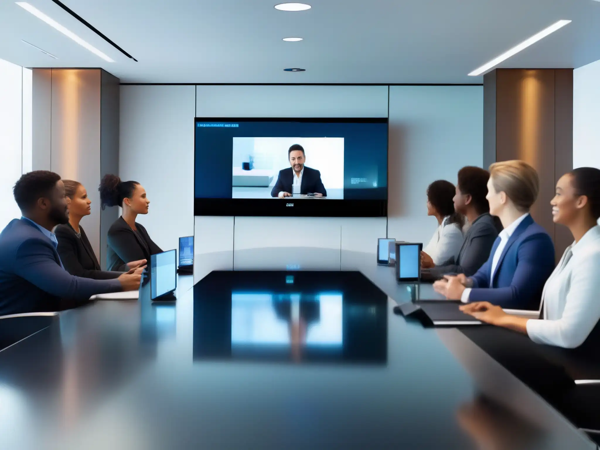 Videoconferencia de alta calidad en sala moderna Profesionales en una videoconferencia de calidad HD en una sala moderna y bien iluminada