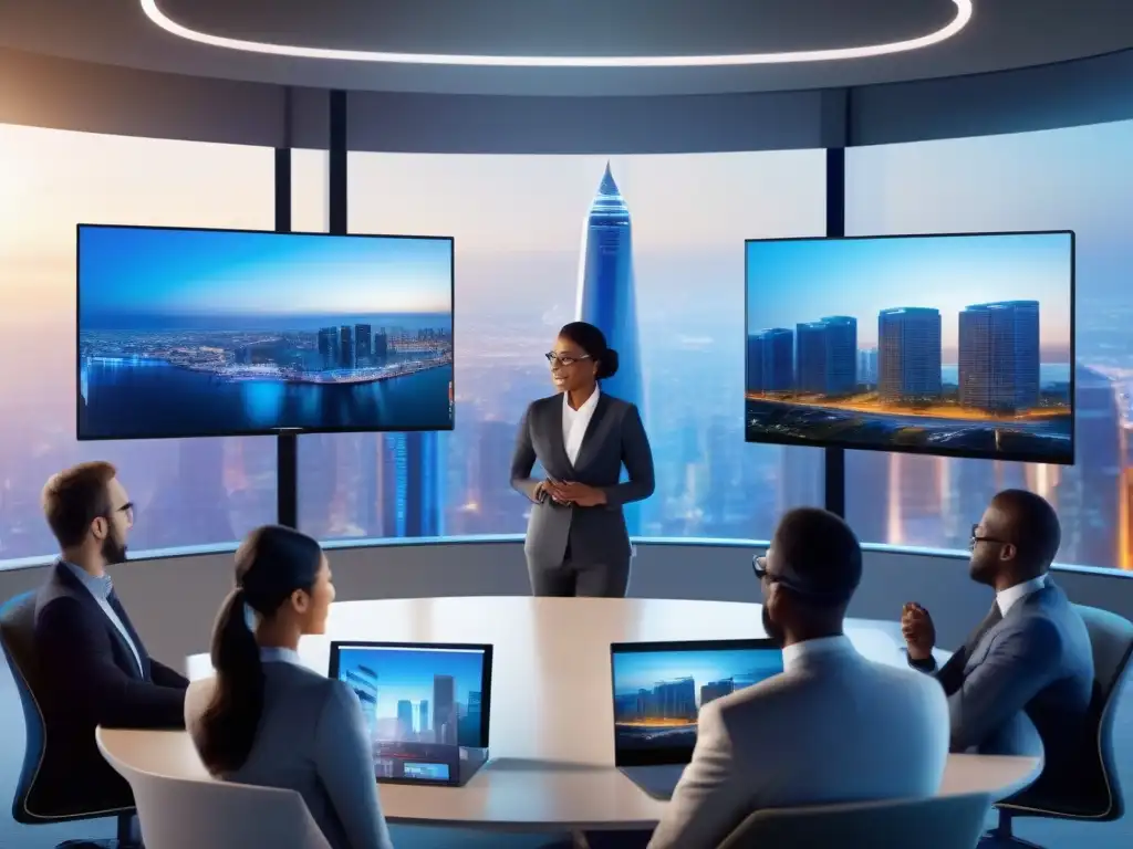 Conferencia 5G: Profesionales enfocados en video de alta calidad Profesionales participan en una videoconferencia 5G de alta definición, con calidad de imagen nítida y sin retrasos